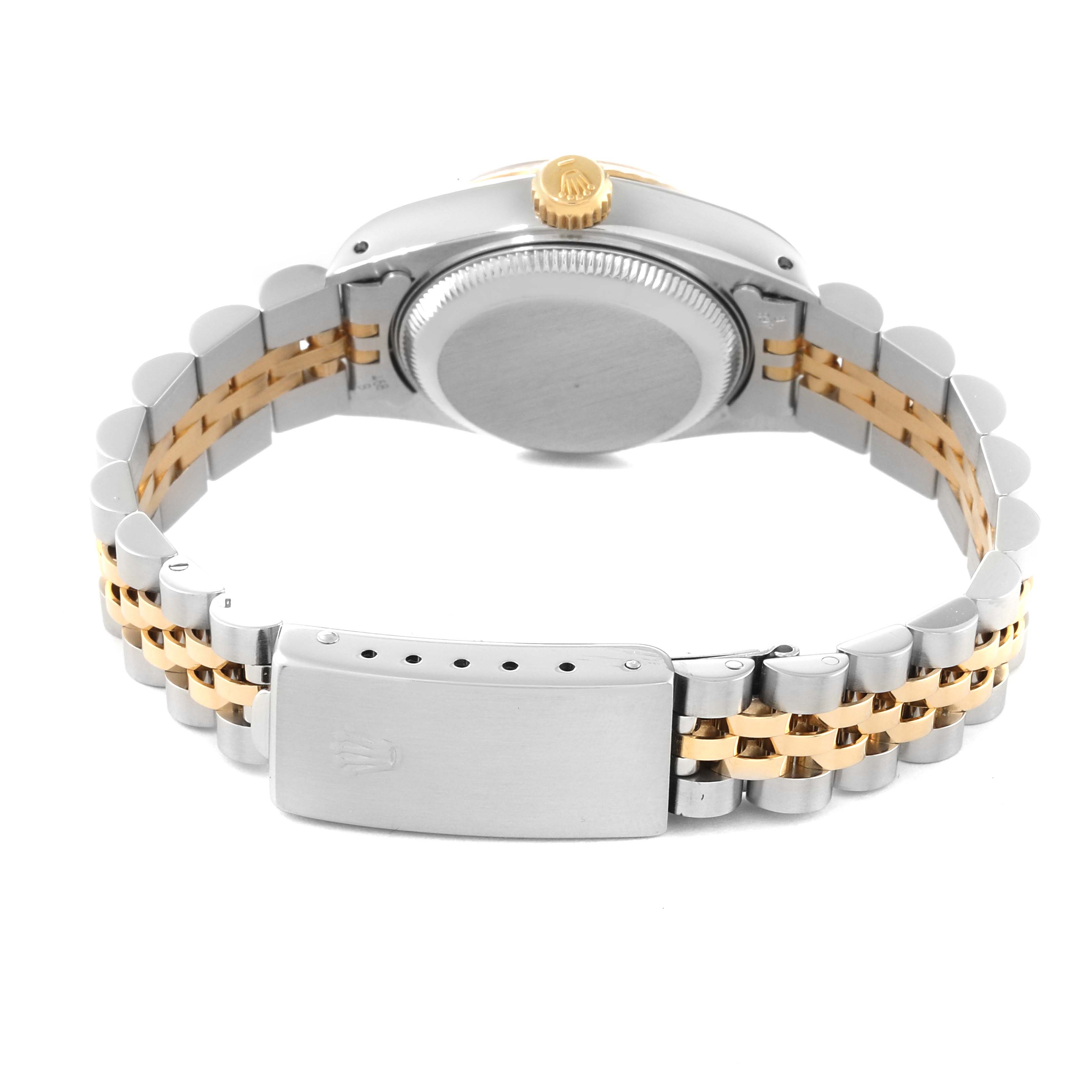 The image shows the back of a Rolex Datejust 69173 Women's Steel and Gold (two tone) Champagne Dial 69173 Women's Steel and Gold (two tone) Champagne Dial watch, highlighting the clasp and two-tone bracelet.