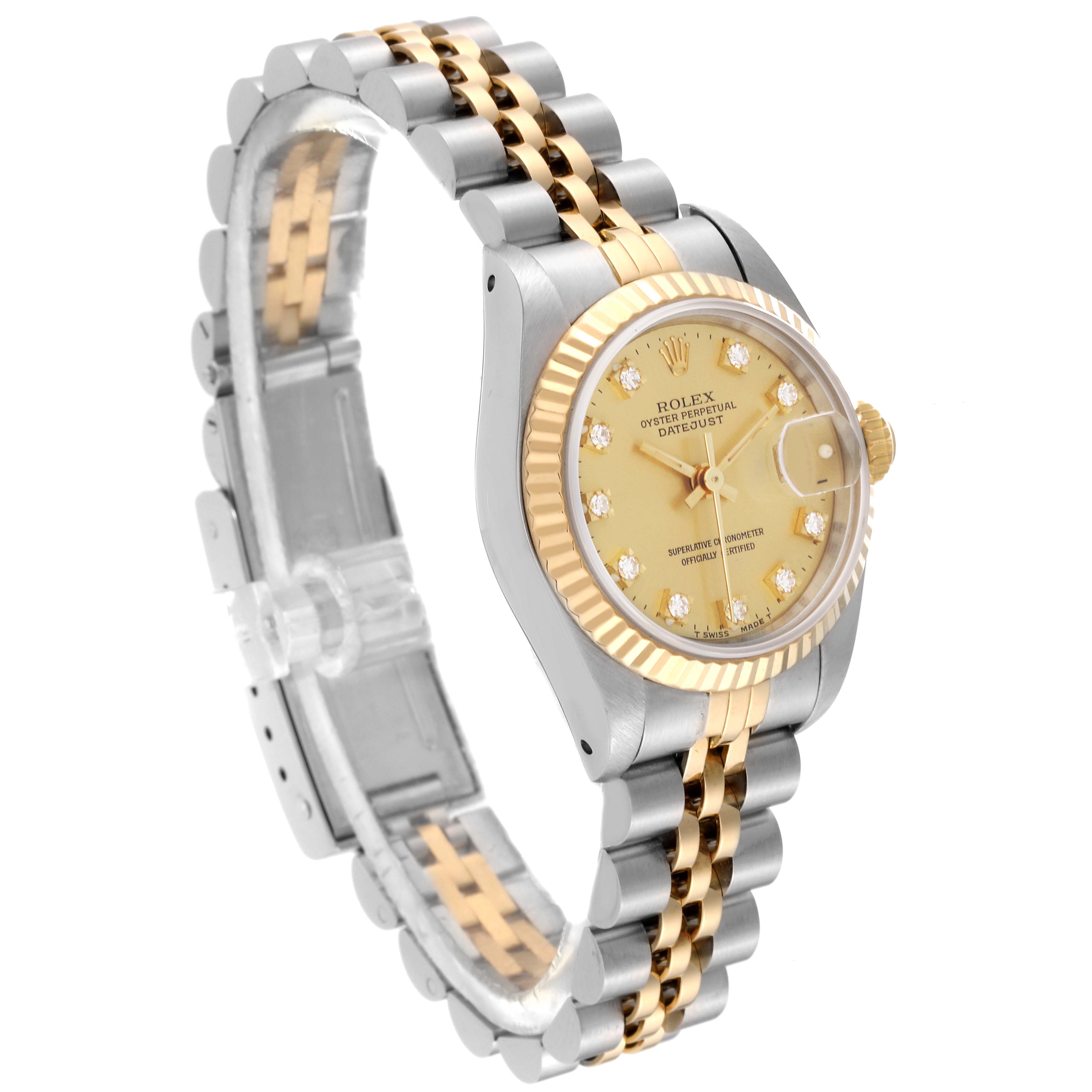The Rolex Datejust 69173 Women's Steel and Gold (two tone) Champagne Dial 69173 Women's Steel and Gold (two tone) Champagne Dial watch is shown at a three-quarter angle, displaying the dial, bezel, and bracelet.