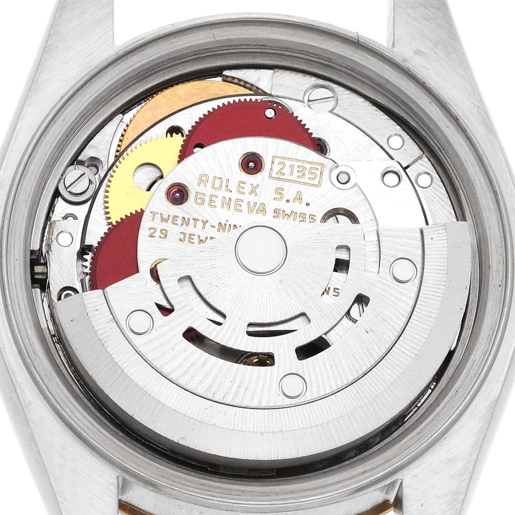 The image shows the internal mechanical movement of a Rolex Datejust 69173 Women's Steel and Gold (two tone) Champagne Dial 69173 Women's Steel and Gold (two tone) Champagne Dial, viewed from the back.