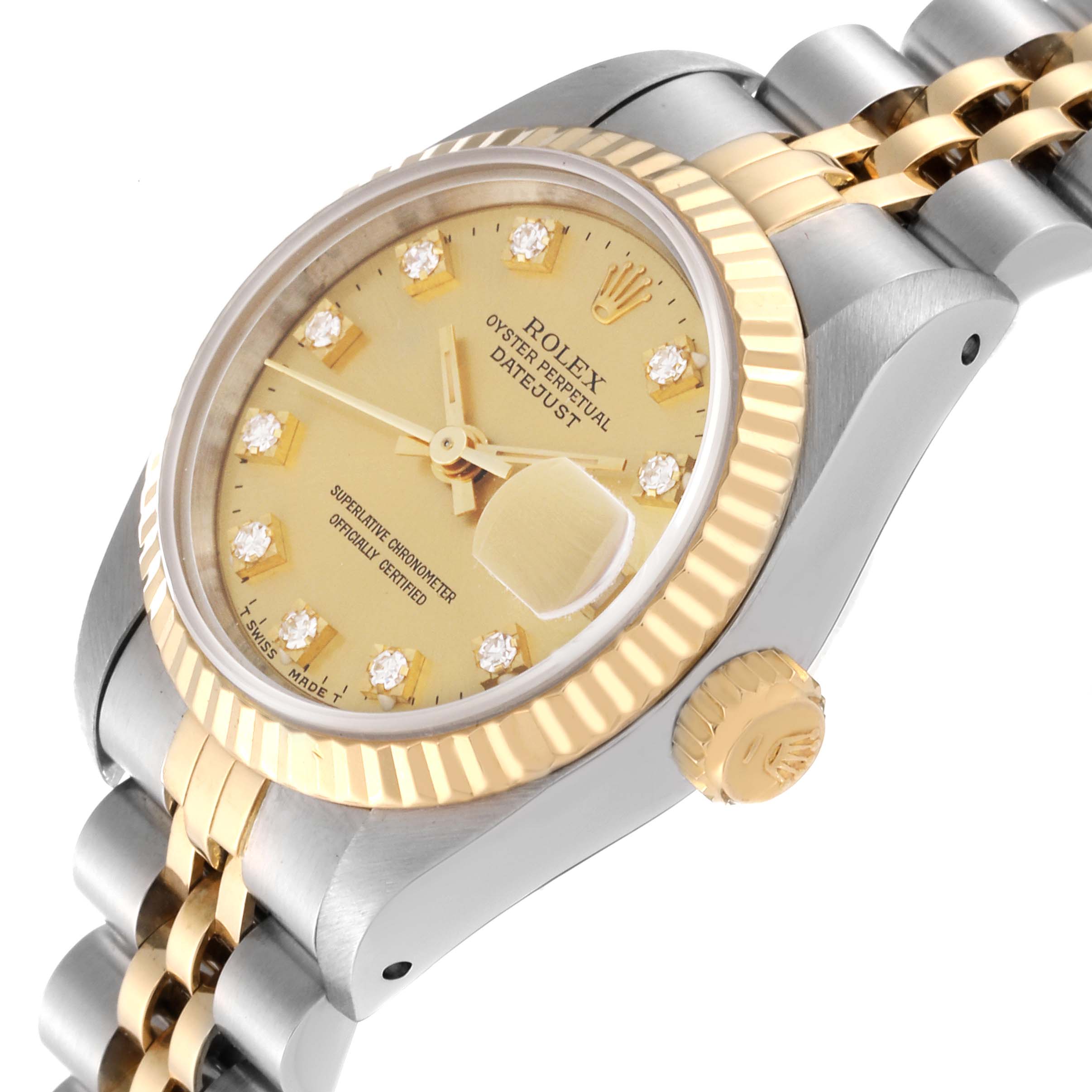 The Rolex Datejust 69173 Women's Steel and Gold (two tone) Champagne Dial 69173 Women's Steel and Gold (two tone) Champagne Dial watch is shown at an angled view highlighting the gold bezel, dial, and Jubilee bracelet.