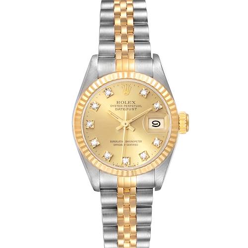 The Rolex Datejust is shown from a front angle, highlighting its dial, fluted bezel, and two-tone jubilee bracelet.