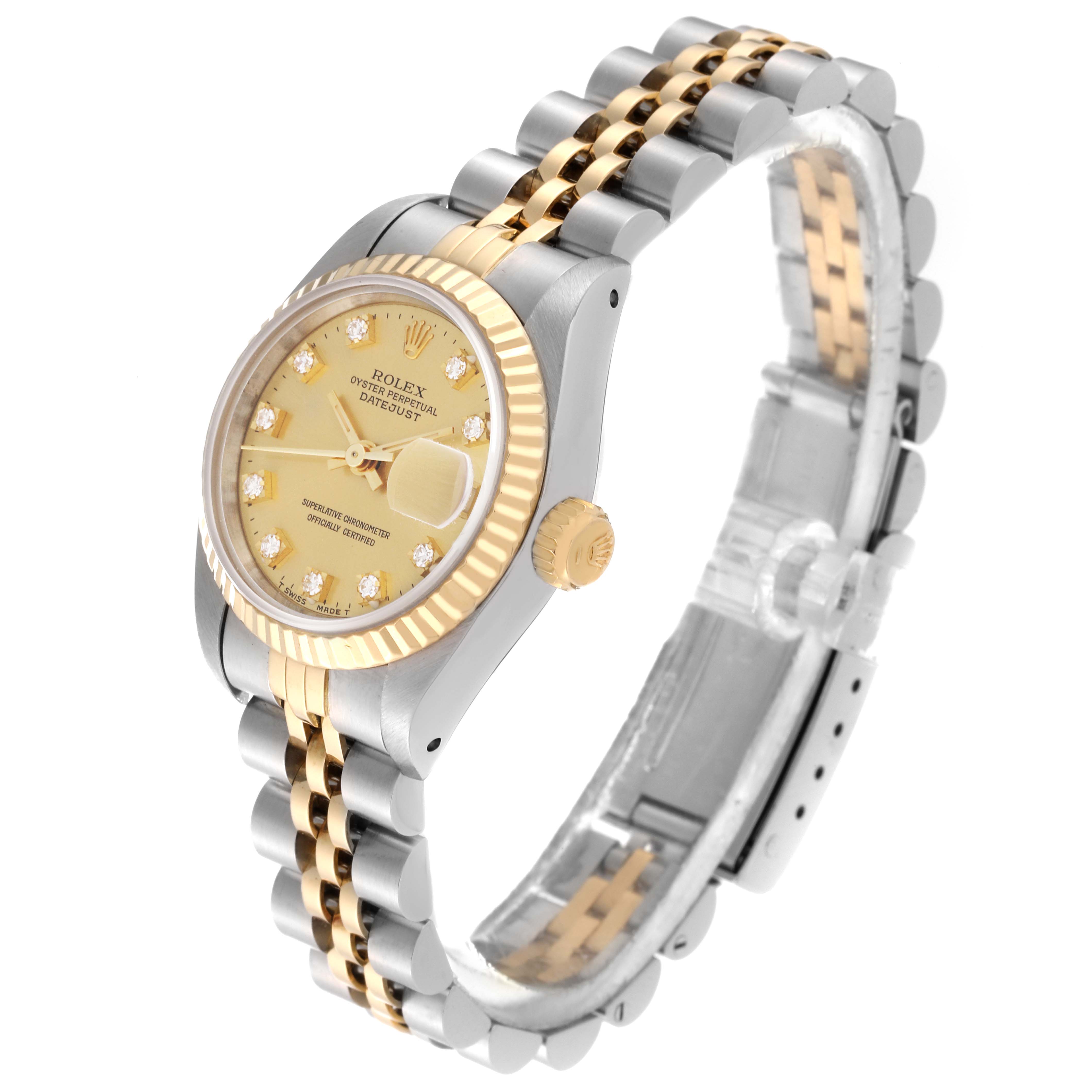 The Rolex Datejust 69173 Women's Steel and Gold (two tone) Champagne Dial 69173 Women's Steel and Gold (two tone) Champagne Dial watch is shown from a three-quarter angle, highlighting the gold and silver band, dial, and fluted bezel.
