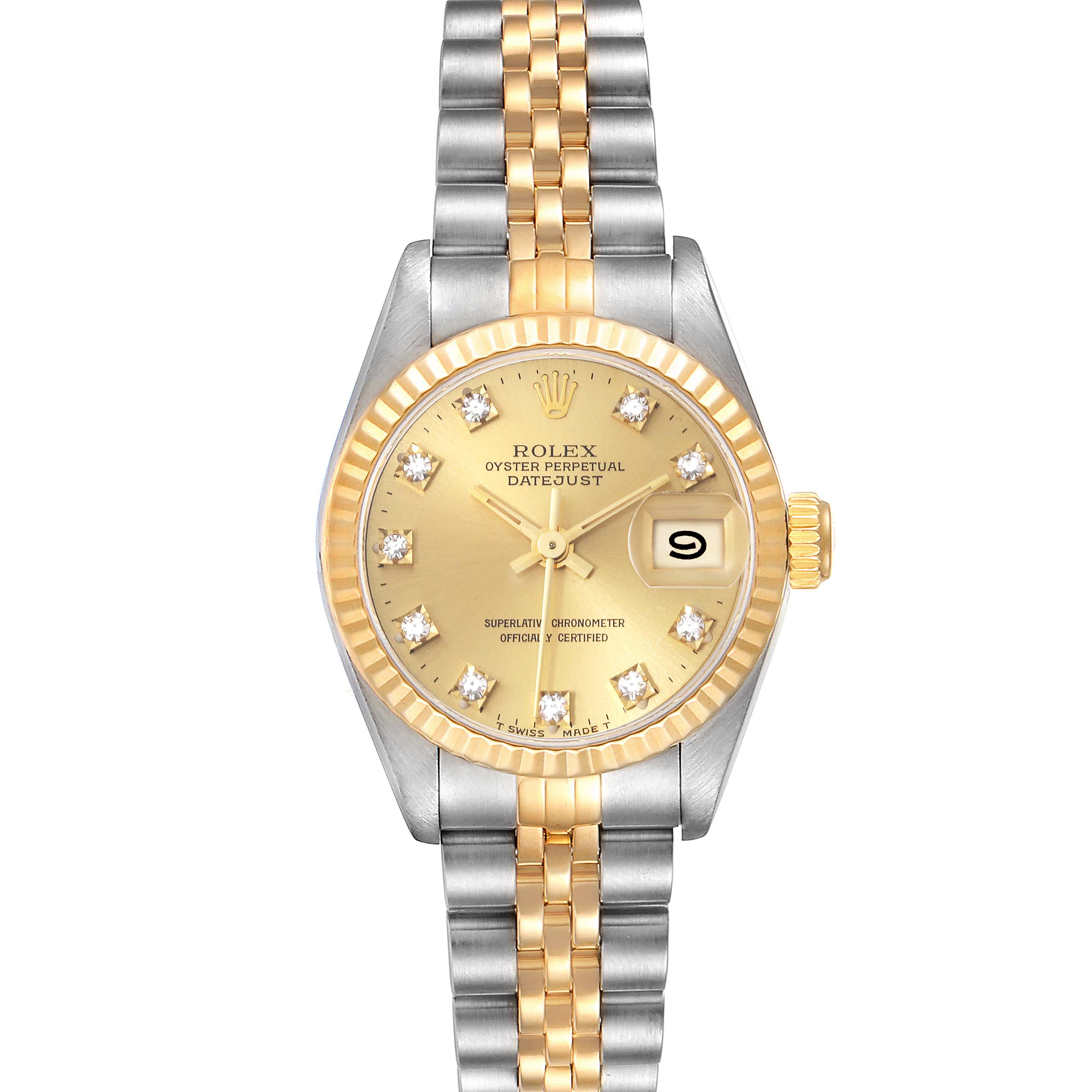The Rolex Datejust 69173 Women's Steel and Gold (two tone) Champagne Dial 69173 Women's Steel and Gold (two tone) Champagne Dial watch is shown from the front, displaying its gold dial, bezel, and two-tone bracelet.