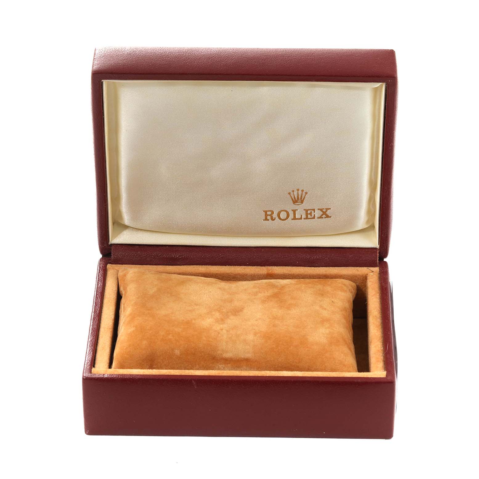 The image shows an open Rolex watch box, likely for a Datejust model, with a cushioned interior.