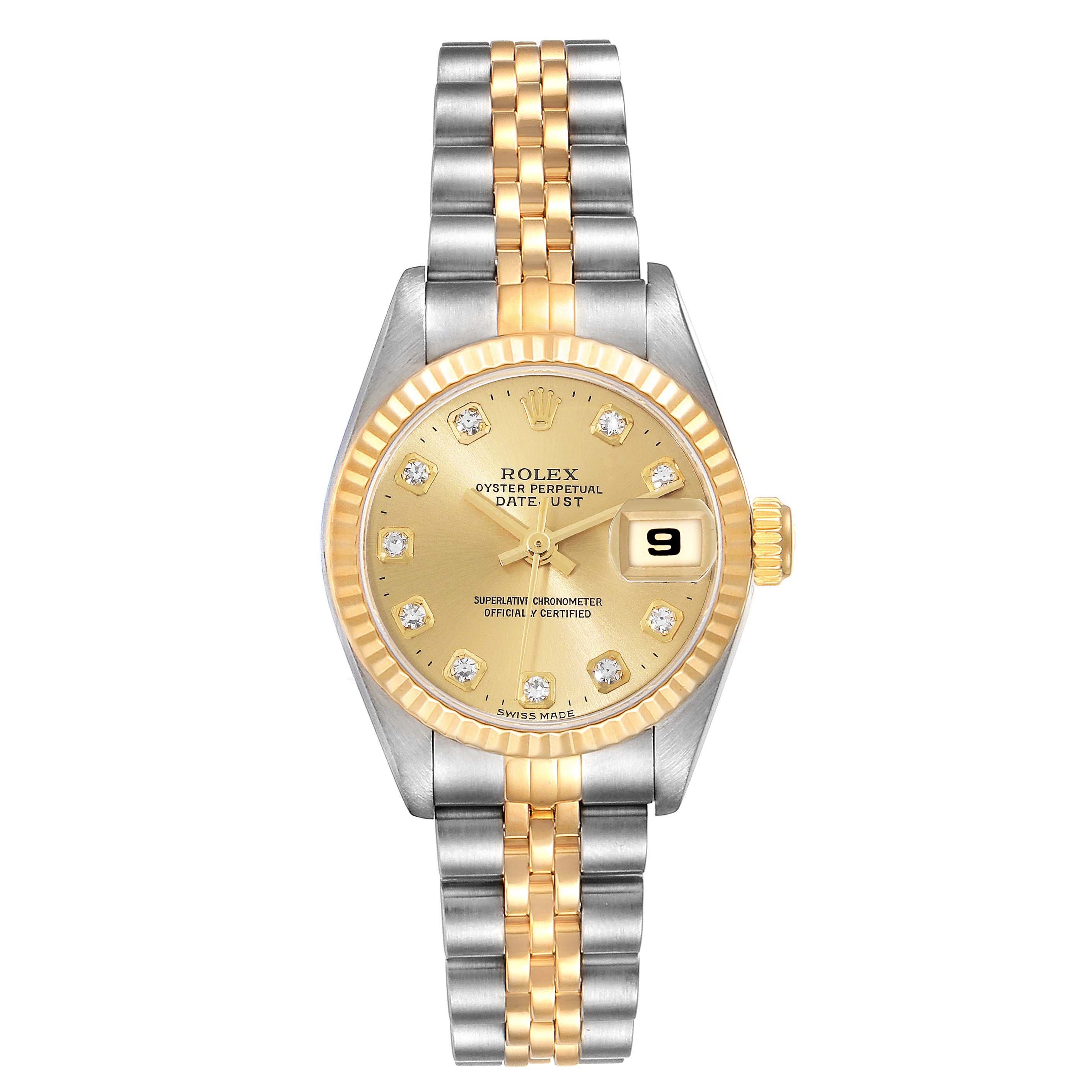 The Rolex Datejust 69173 Women's Stainless Steel Champagne Dial 69173 Women's Stainless Steel Champagne Dial watch is shown from a top-down angle, displaying the dial, bracelet, and crown.