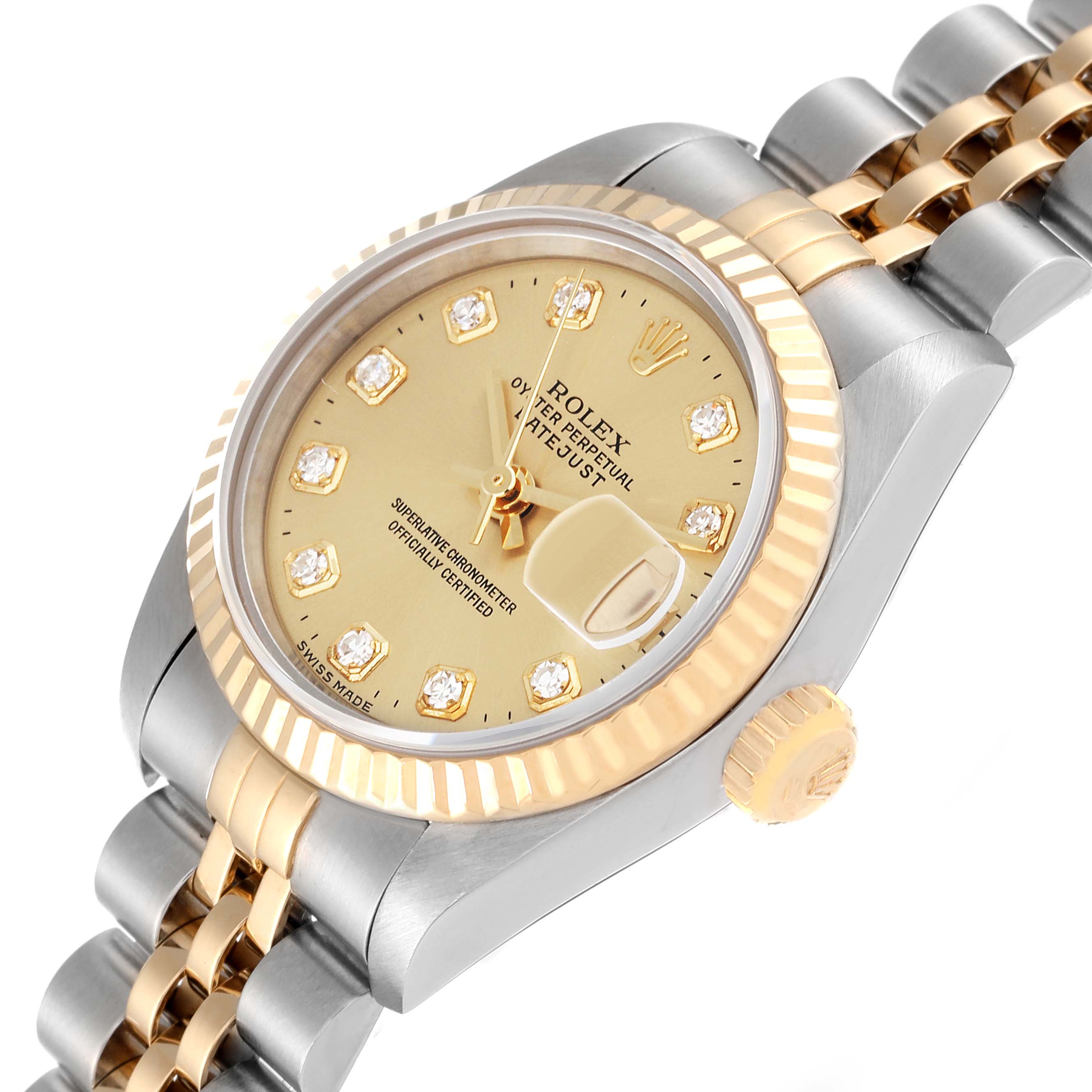 The image shows a close-up view of a Rolex Datejust 69173 Women's Stainless Steel Champagne Dial 69173 Women's Stainless Steel Champagne Dial watch, highlighting the face, bezel, crown, and part of the bracelet.