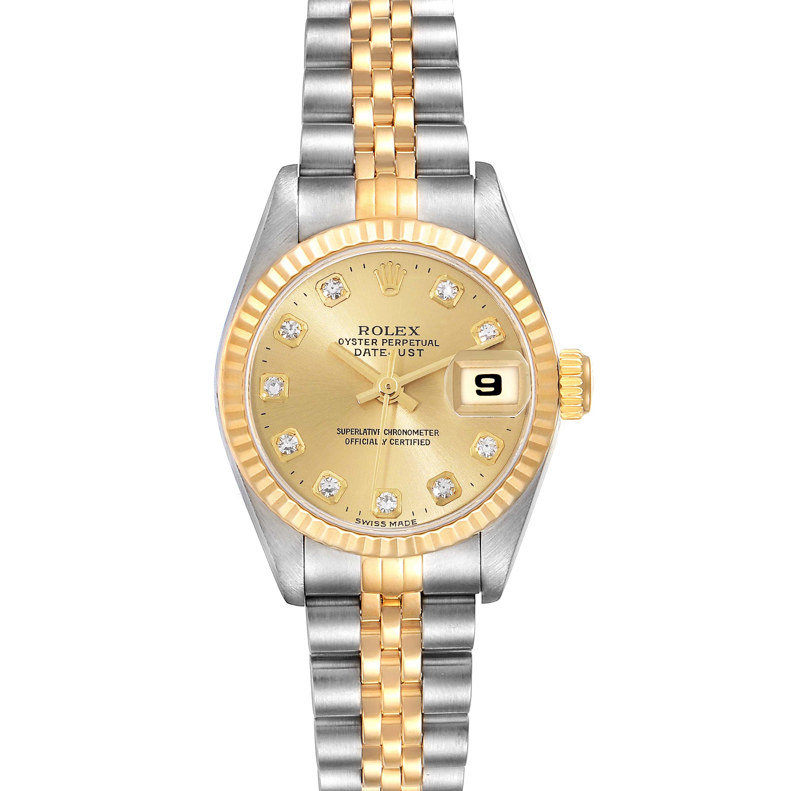 The image shows a front view of the Rolex Datejust 69173 Women's Stainless Steel Champagne Dial 69173 Women's Stainless Steel Champagne Dial watch, highlighting the dial, bezel, and bracelet.