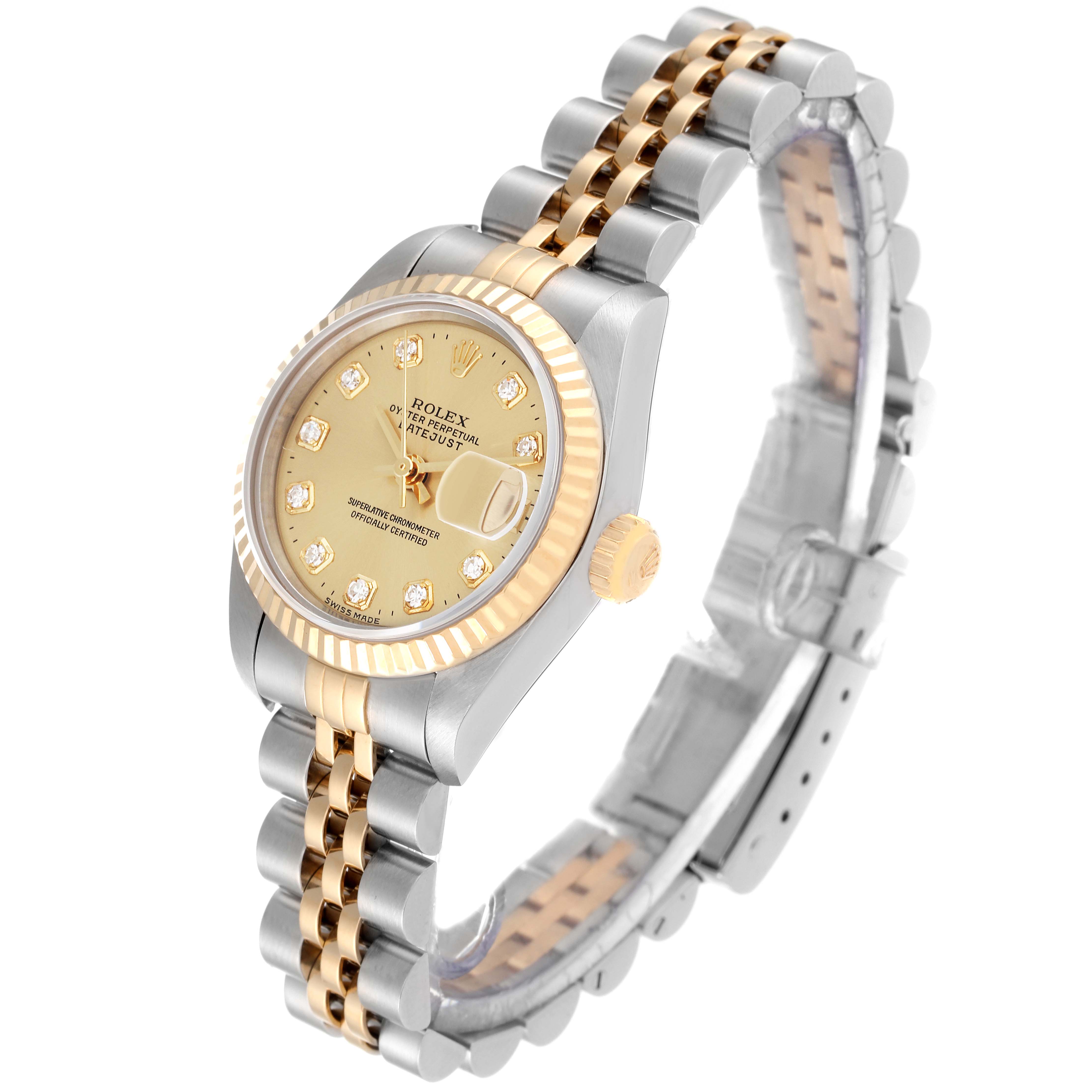 The image shows a Rolex Datejust 69173 Women's Stainless Steel Champagne Dial 69173 Women's Stainless Steel Champagne Dial watch angled to display the face, bezel, and two-tone bracelet.