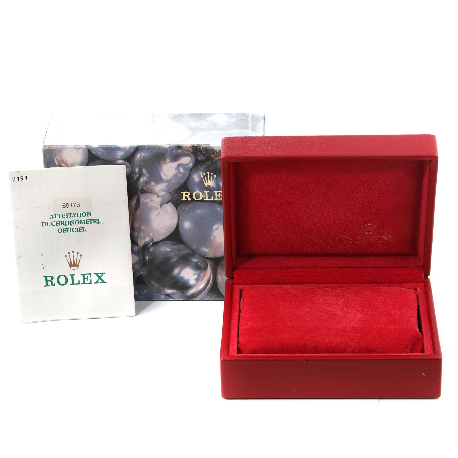 The image shows a Rolex Datejust 69173 Women's Stainless Steel Champagne Dial 69173 Women's Stainless Steel Champagne Dial model box set, including the red watch box, documentation, and outer packaging.