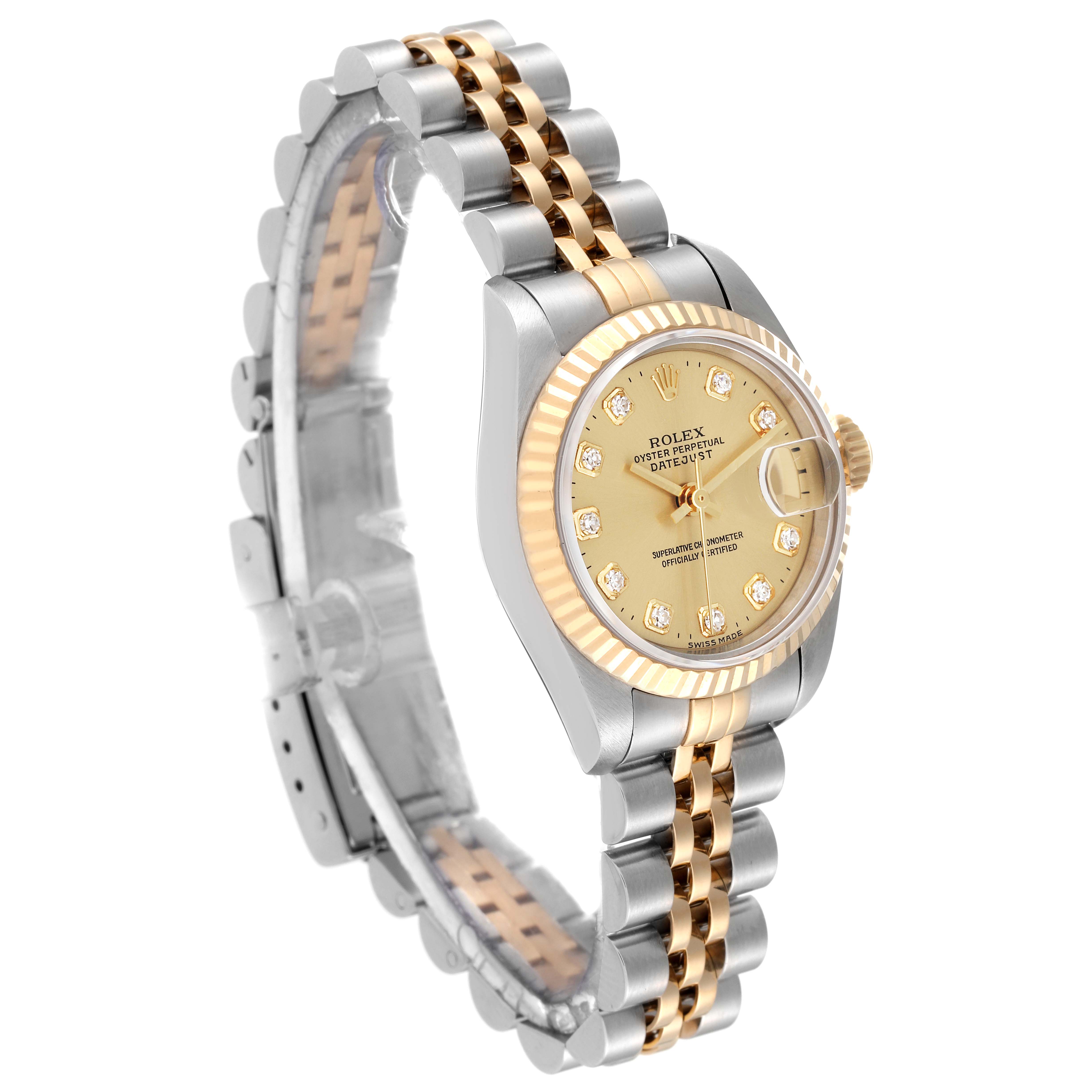 The image shows a side-angle view of a Rolex Datejust 69173 Women's Stainless Steel Champagne Dial 69173 Women's Stainless Steel Champagne Dial model, highlighting its two-tone bracelet and champagne dial.