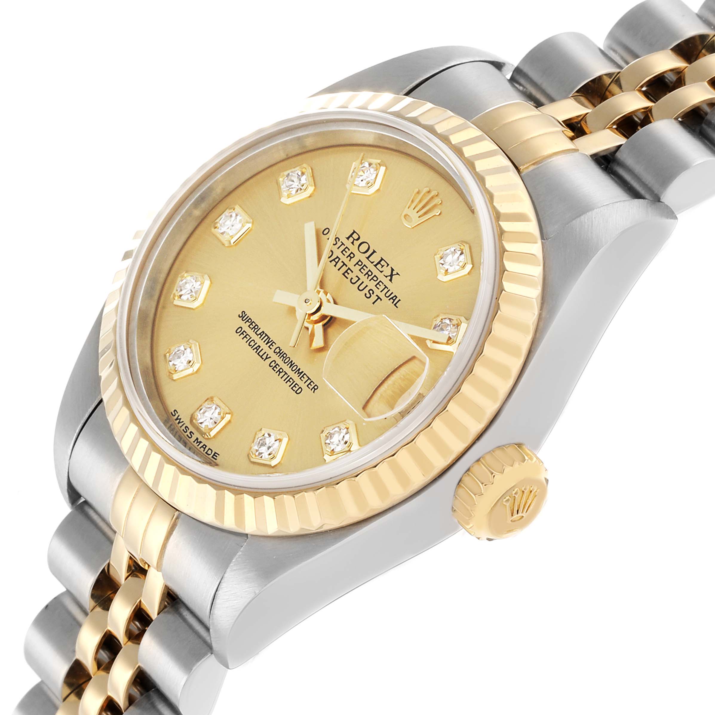 The Rolex Datejust 79173 Women
s Steel and Gold (two tone) Champagne Dial watch is shown at an angled close-up, highlighting the gold dial, fluted bezel, and partial jubilee bracelet.