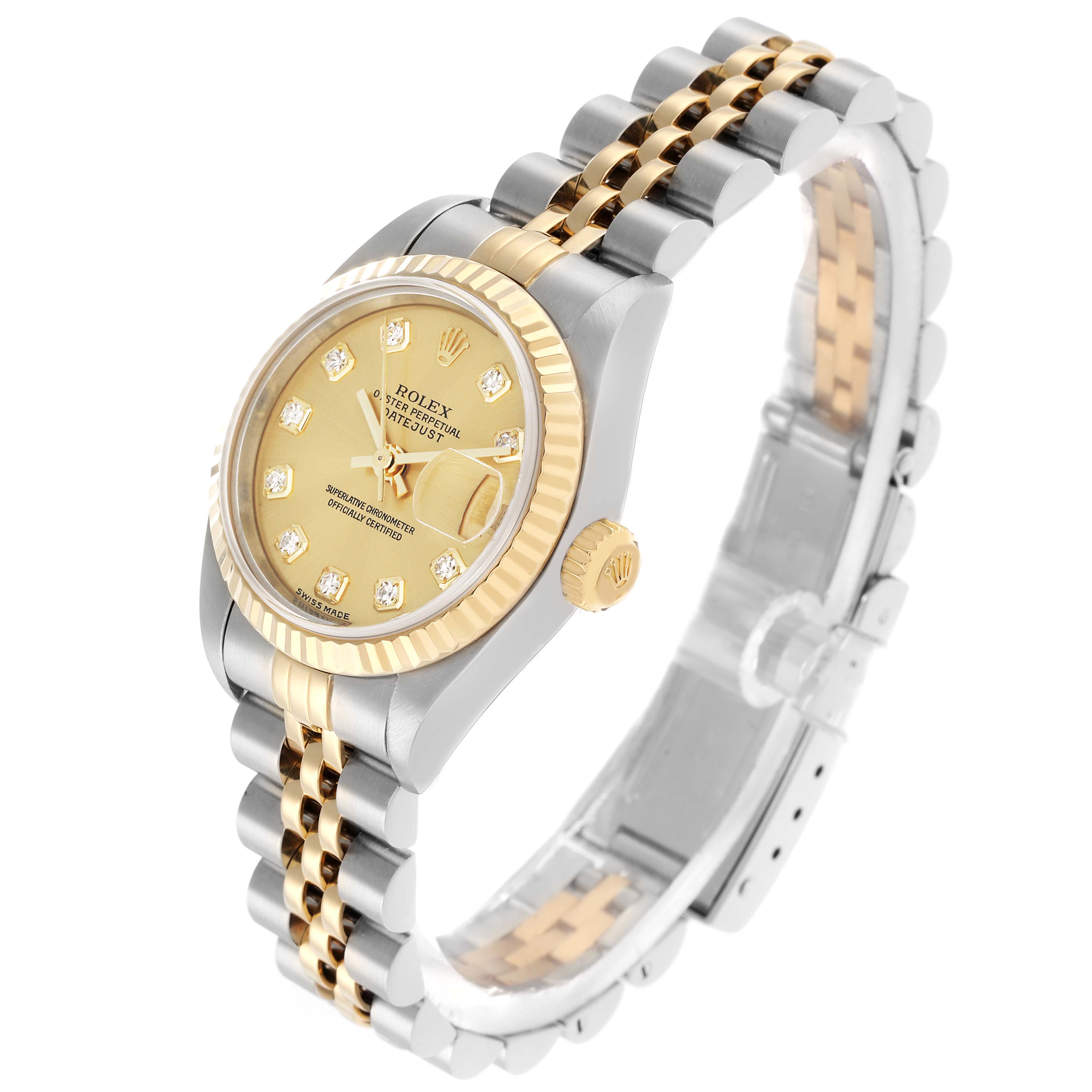 The Rolex Datejust 79173 Women
s Steel and Gold (two tone) Champagne Dial watch is shown at a three-quarter angle, highlighting its gold and silver Jubilee bracelet and gold dial with diamond markers.