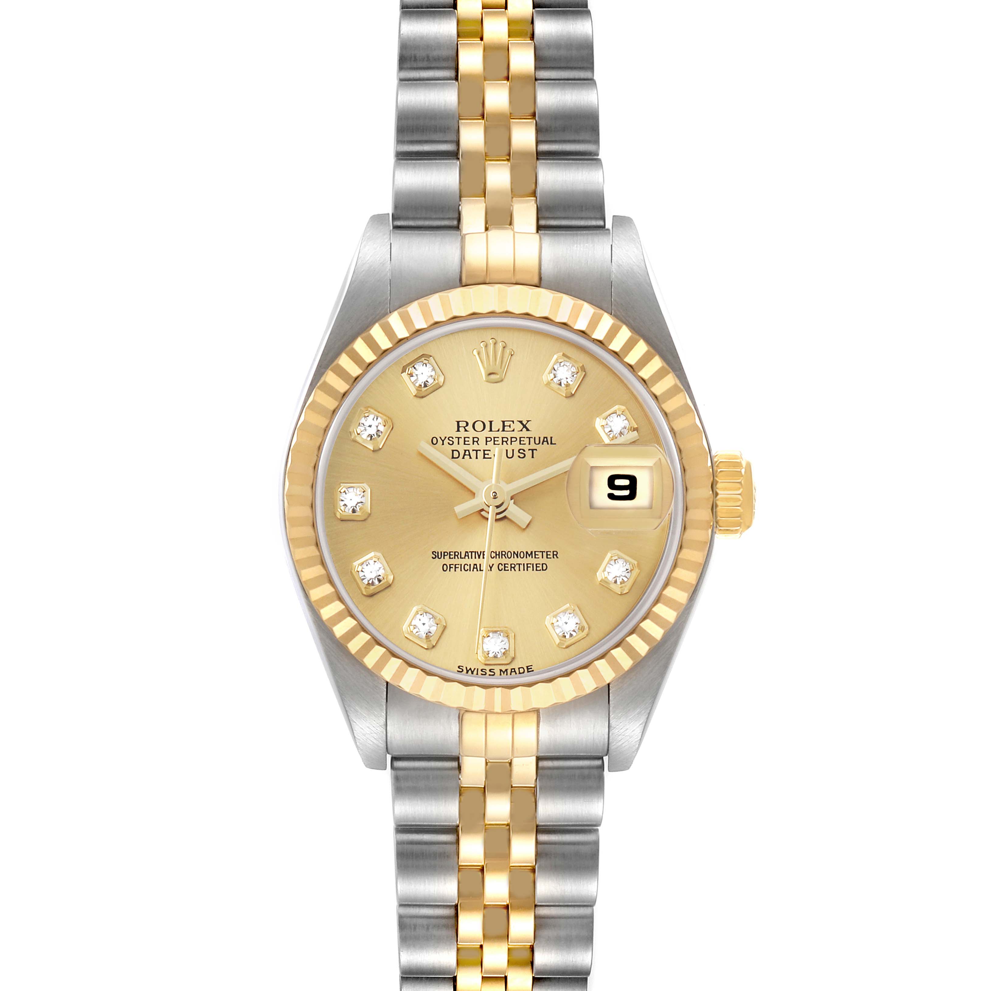 The Rolex Datejust 79173 Women
s Steel and Gold (two tone) Champagne Dial watch is shown from a top-down angle, highlighting the bezel, dial, bracelet, and date feature.
