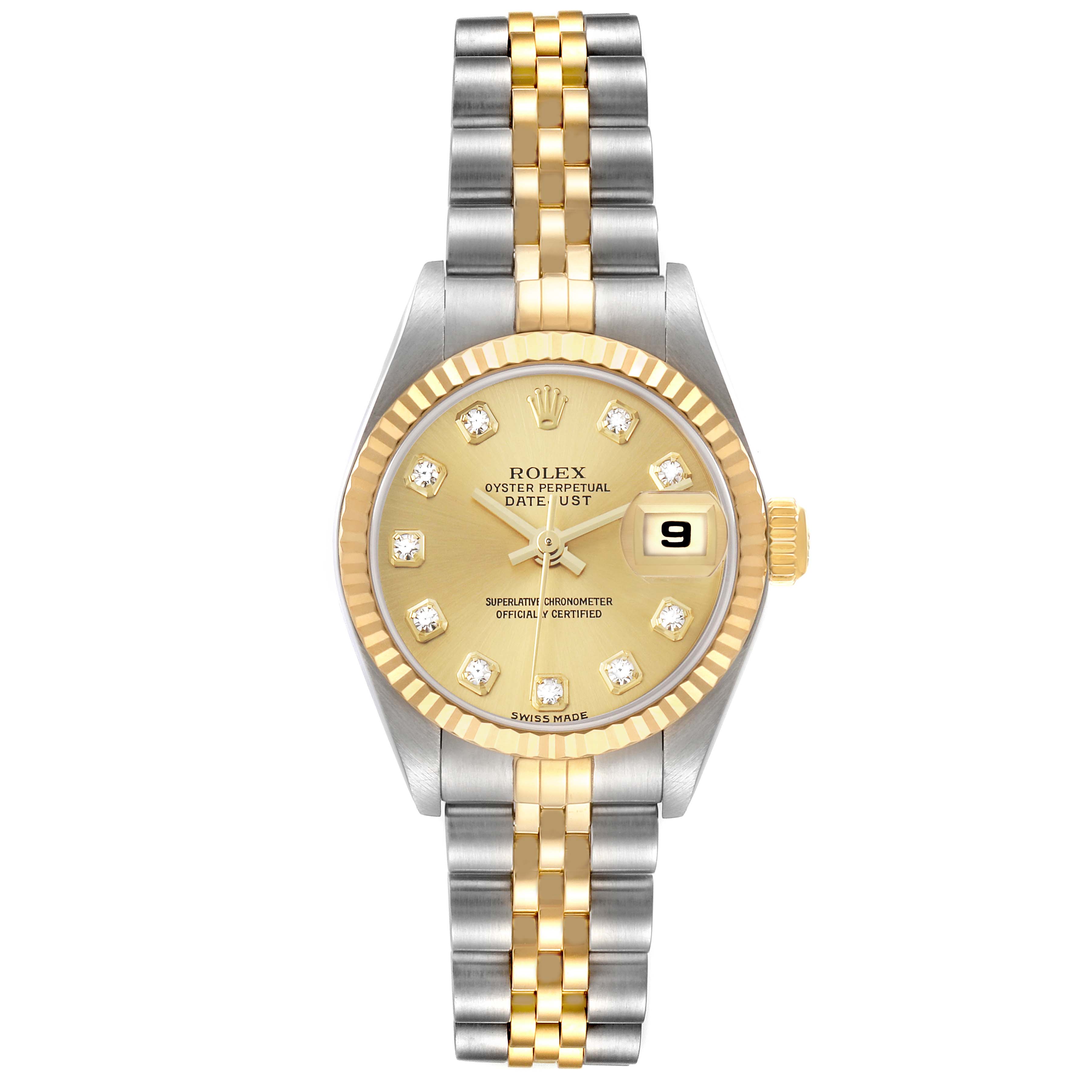 The Rolex Datejust 79173 Women
s Steel and Gold (two tone) Champagne Dial watch is shown from a front view, highlighting its two-tone bracelet, gold dial, and fluted bezel.