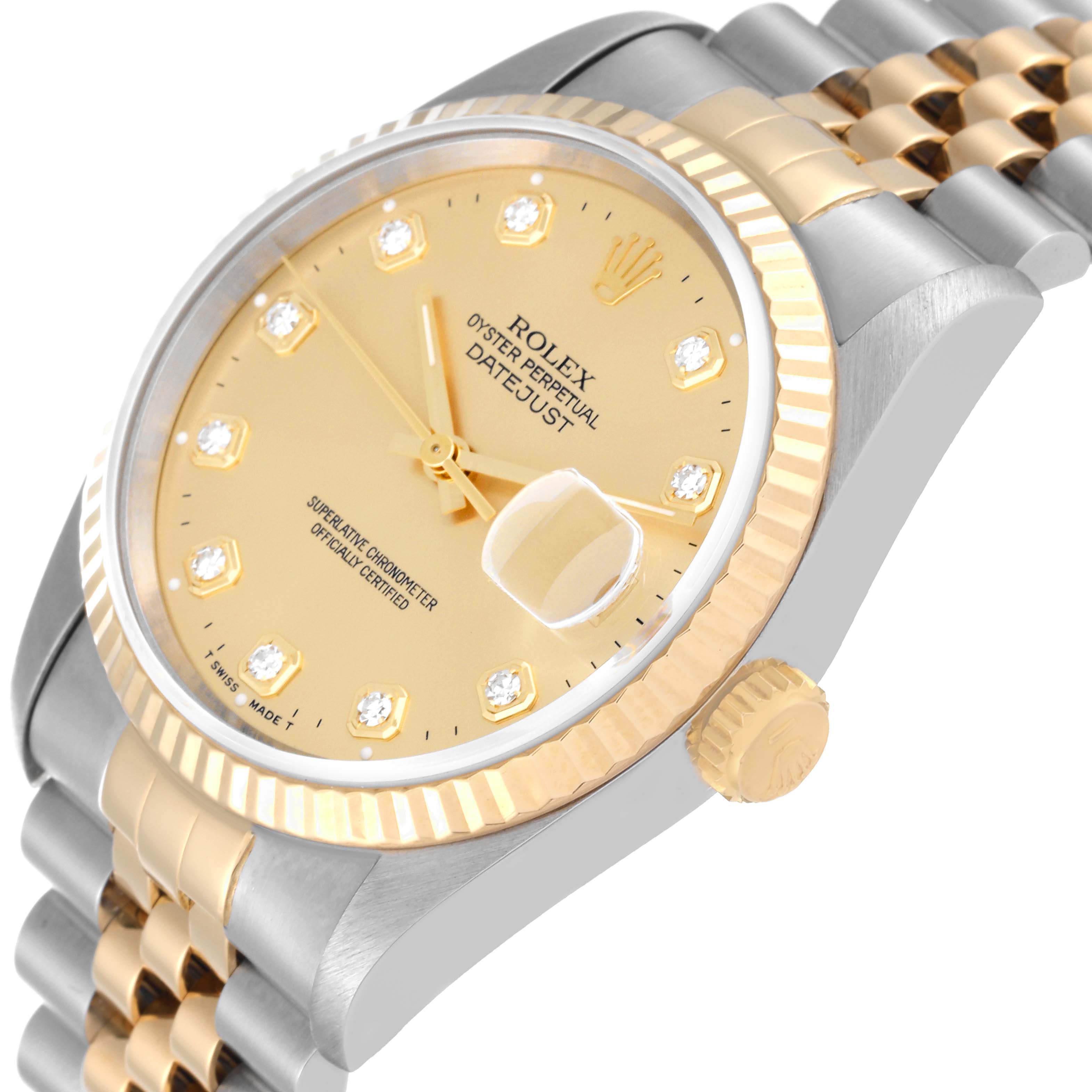 This image shows a close-up, angled view of the Rolex Datejust 16233 Men's Steel and Gold (two tone) Champagne Dial 16233 Men's Steel and Gold (two tone) Champagne Dial watch, featuring the face, crown, bezel, and part of the bracelet.
