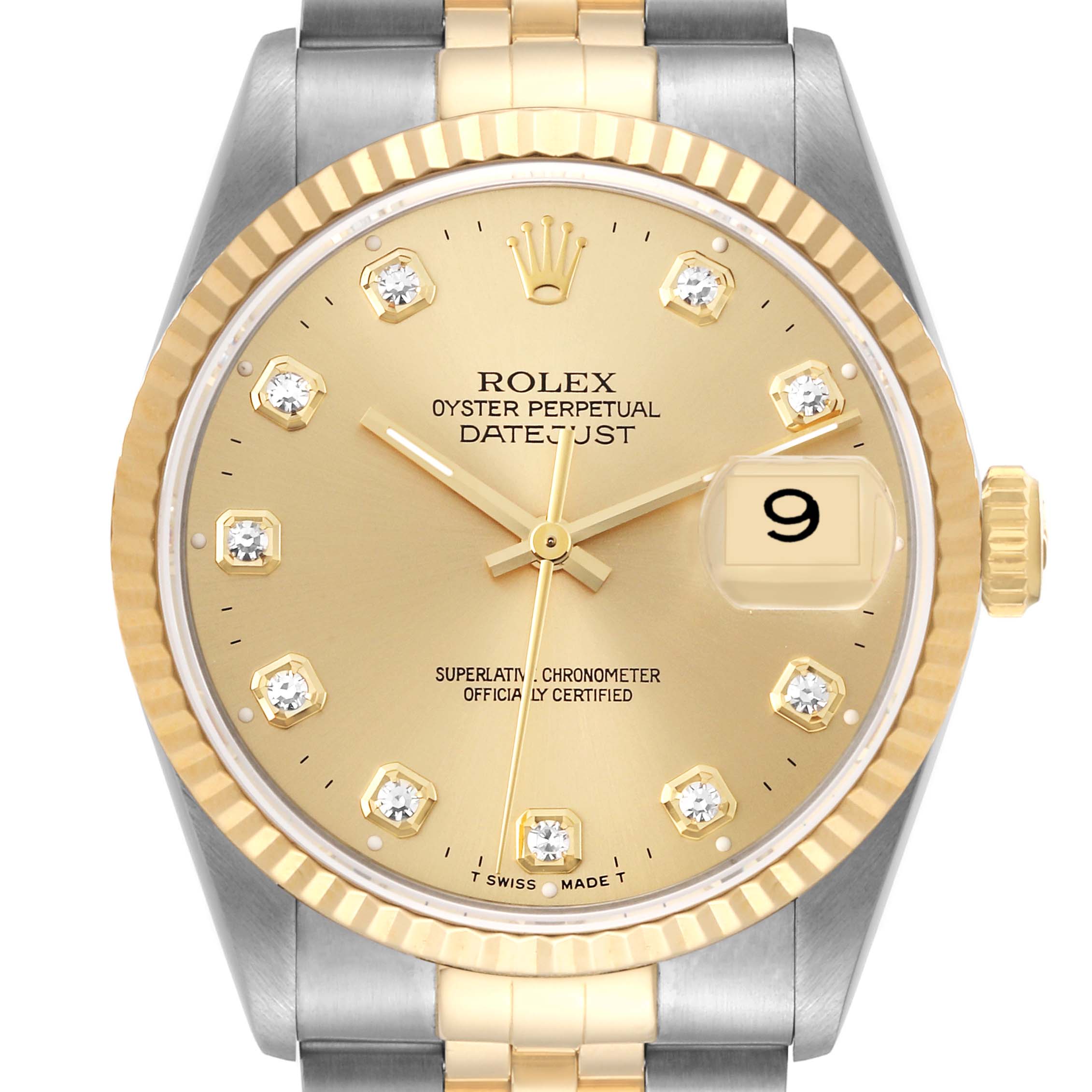 The image displays a frontal view of the Rolex Datejust 16233 Men's Steel and Gold (two tone) Champagne Dial 16233 Men's Steel and Gold (two tone) Champagne Dial watch, highlighting its dial, bezel, crown, and part of the bracelet.