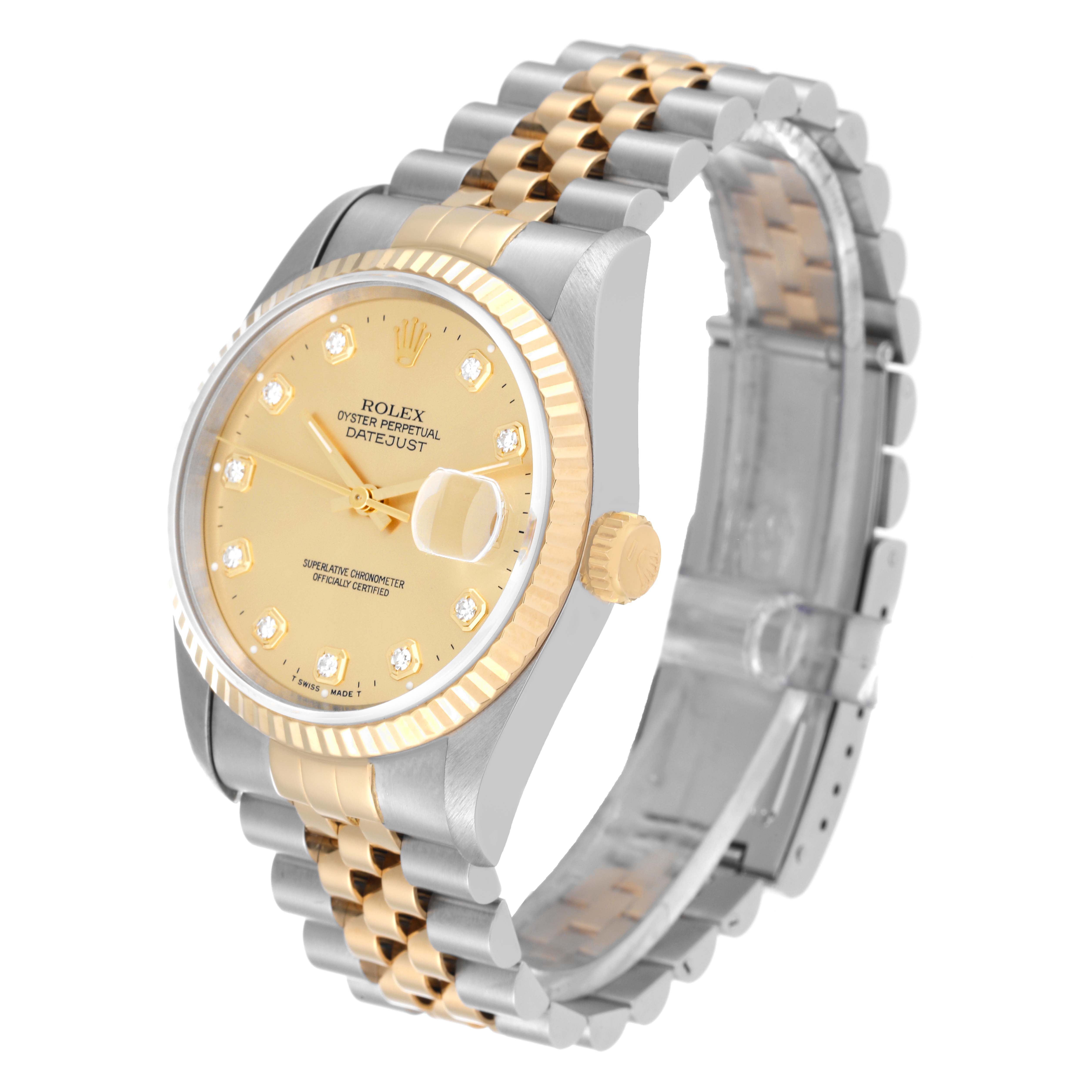 This image shows a Rolex Datejust 16233 Men's Steel and Gold (two tone) Champagne Dial 16233 Men's Steel and Gold (two tone) Champagne Dial watch at a three-quarter angle, highlighting its two-tone bracelet, gold bezel, and dial.
