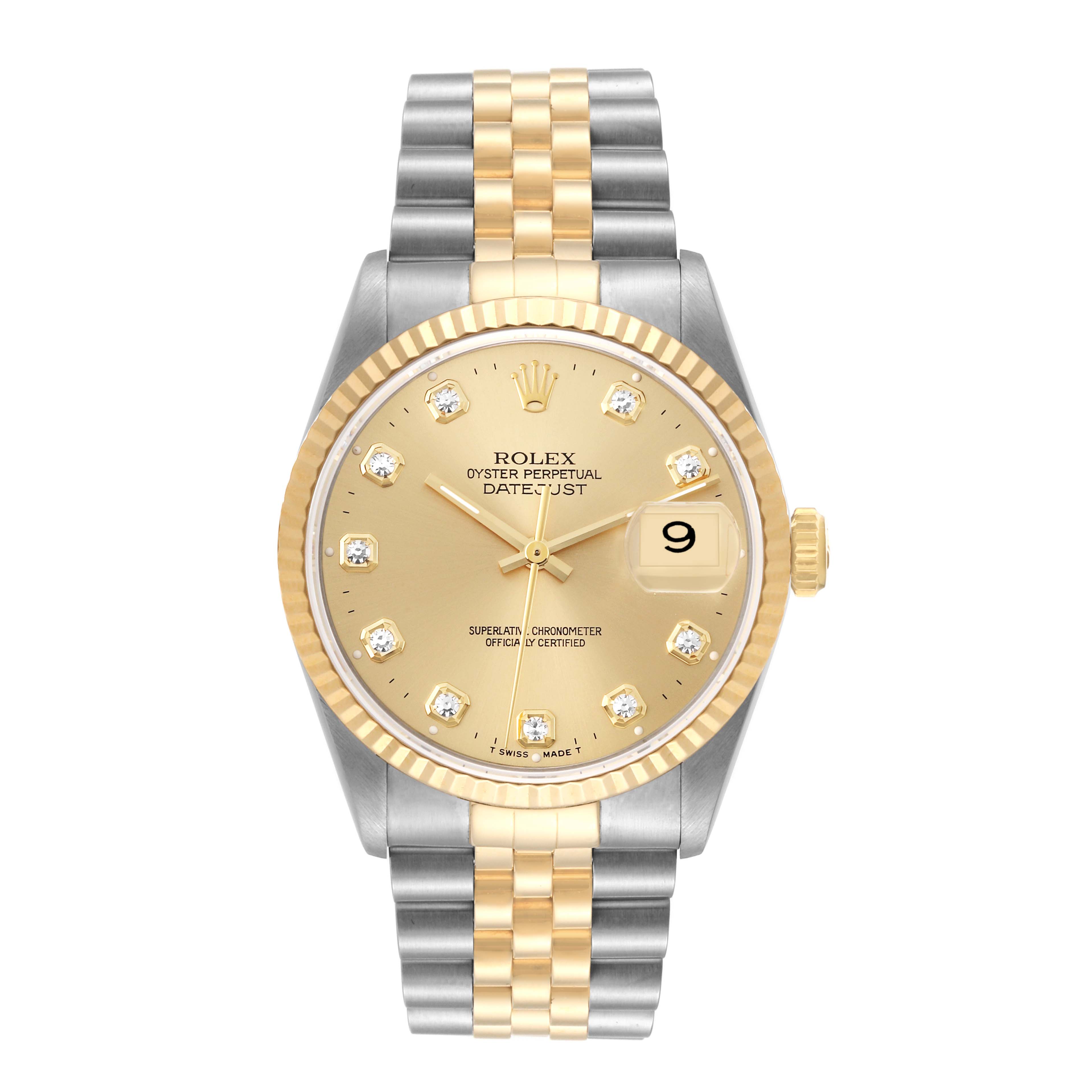 The Rolex Datejust 16233 Men's Steel and Gold (two tone) Champagne Dial 16233 Men's Steel and Gold (two tone) Champagne Dial watch is shown from a front angle, displaying its gold dial, fluted bezel, and two-tone bracelet.