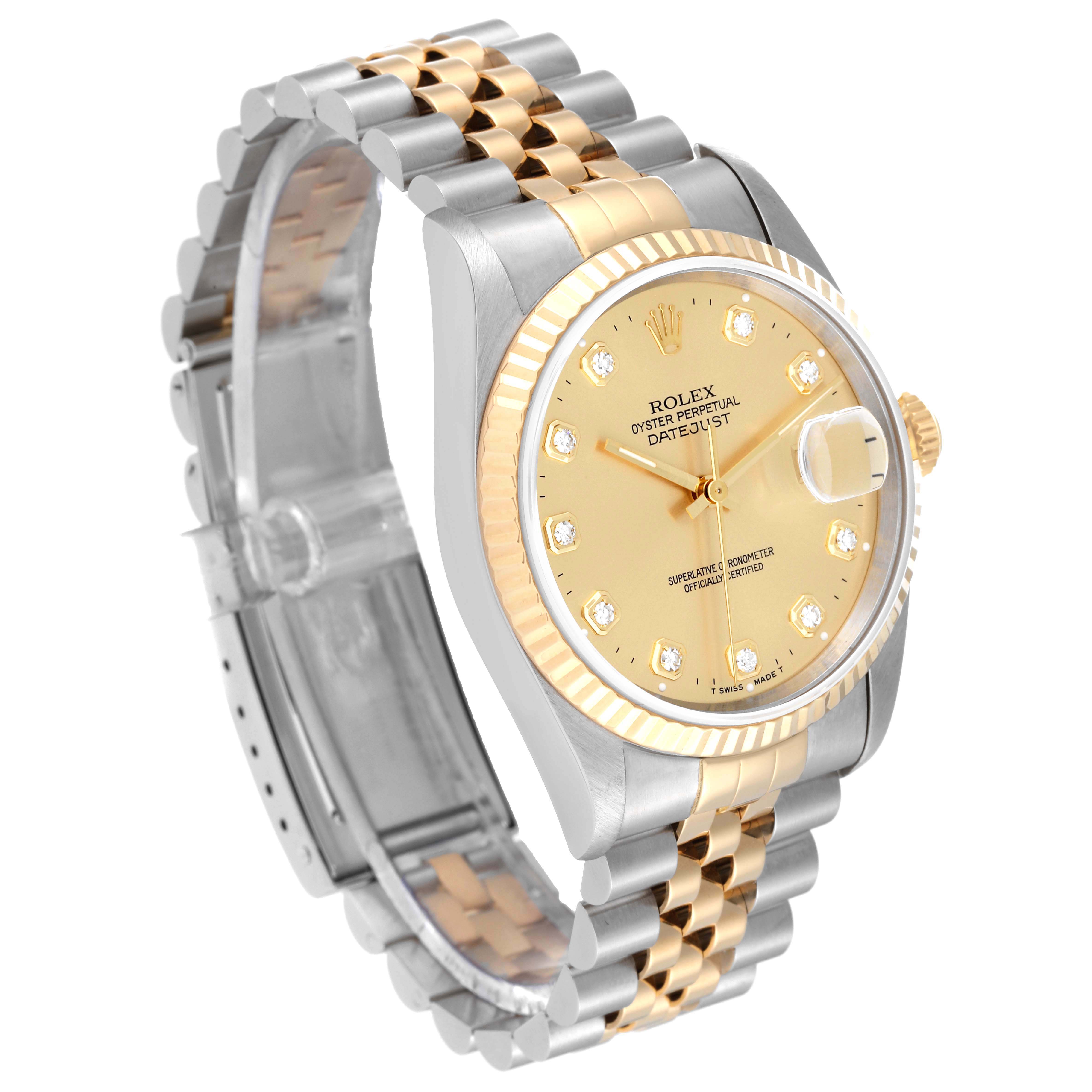 The image shows a side angle of a Rolex Datejust 16233 Men's Steel and Gold (two tone) Champagne Dial 16233 Men's Steel and Gold (two tone) Champagne Dial watch, highlighting its dial, bezel, and two-tone bracelet.