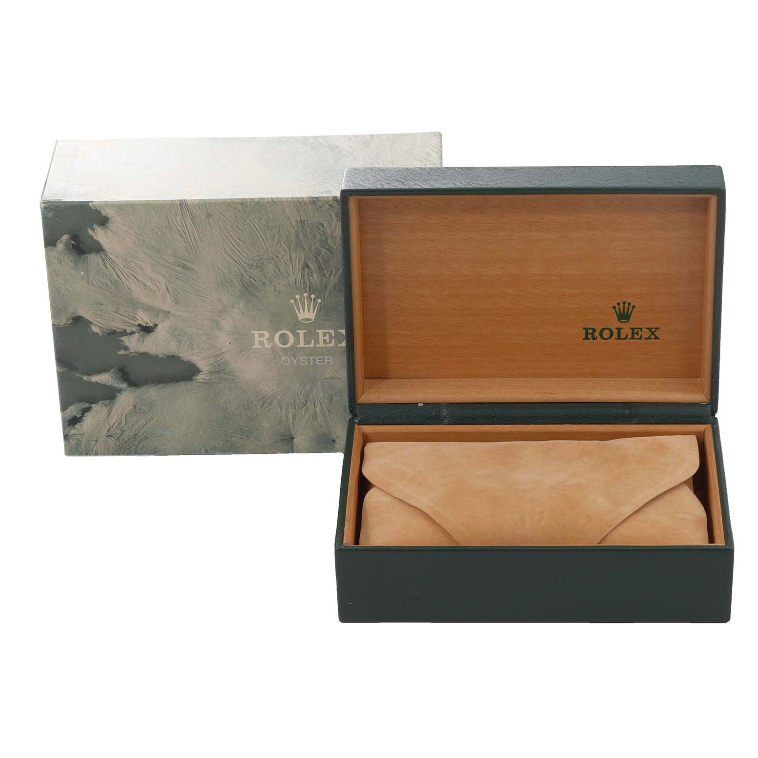 The image shows a Rolex Datejust 16233 Men's Steel and Gold (two tone) Champagne Dial 16233 Men's Steel and Gold (two tone) Champagne Dial model watch box and an outer covering box, with the inner box containing a suede pouch.