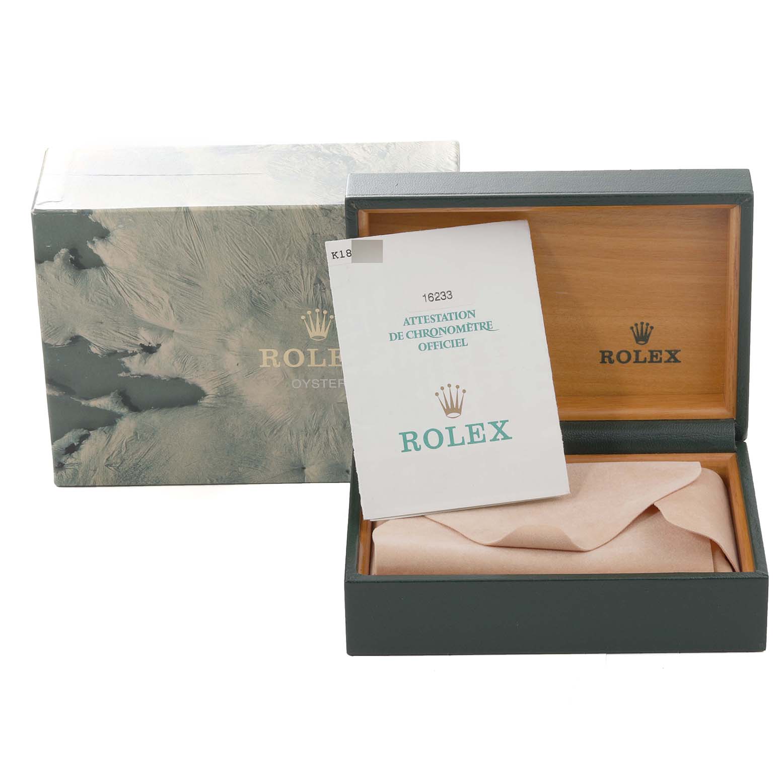 The image shows the box, certificate, and packaging of a Rolex Datejust 16233 Men's Steel and Gold (two tone) Champagne Dial 16233 Men's Steel and Gold (two tone) Champagne Dial model.