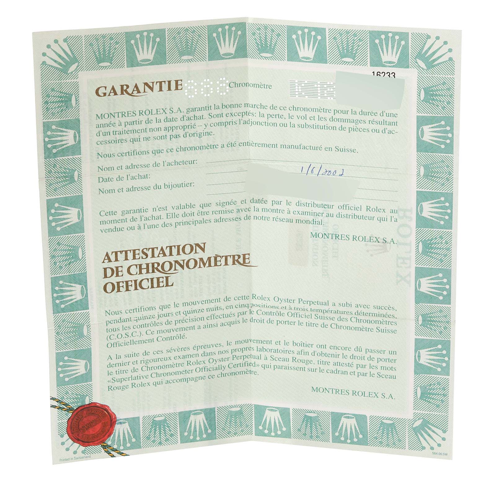 The image shows a warranty and certification document for a Rolex Datejust 16233 Men's Steel and Gold (two tone) Champagne Dial 16233 Men's Steel and Gold (two tone) Champagne Dial watch.