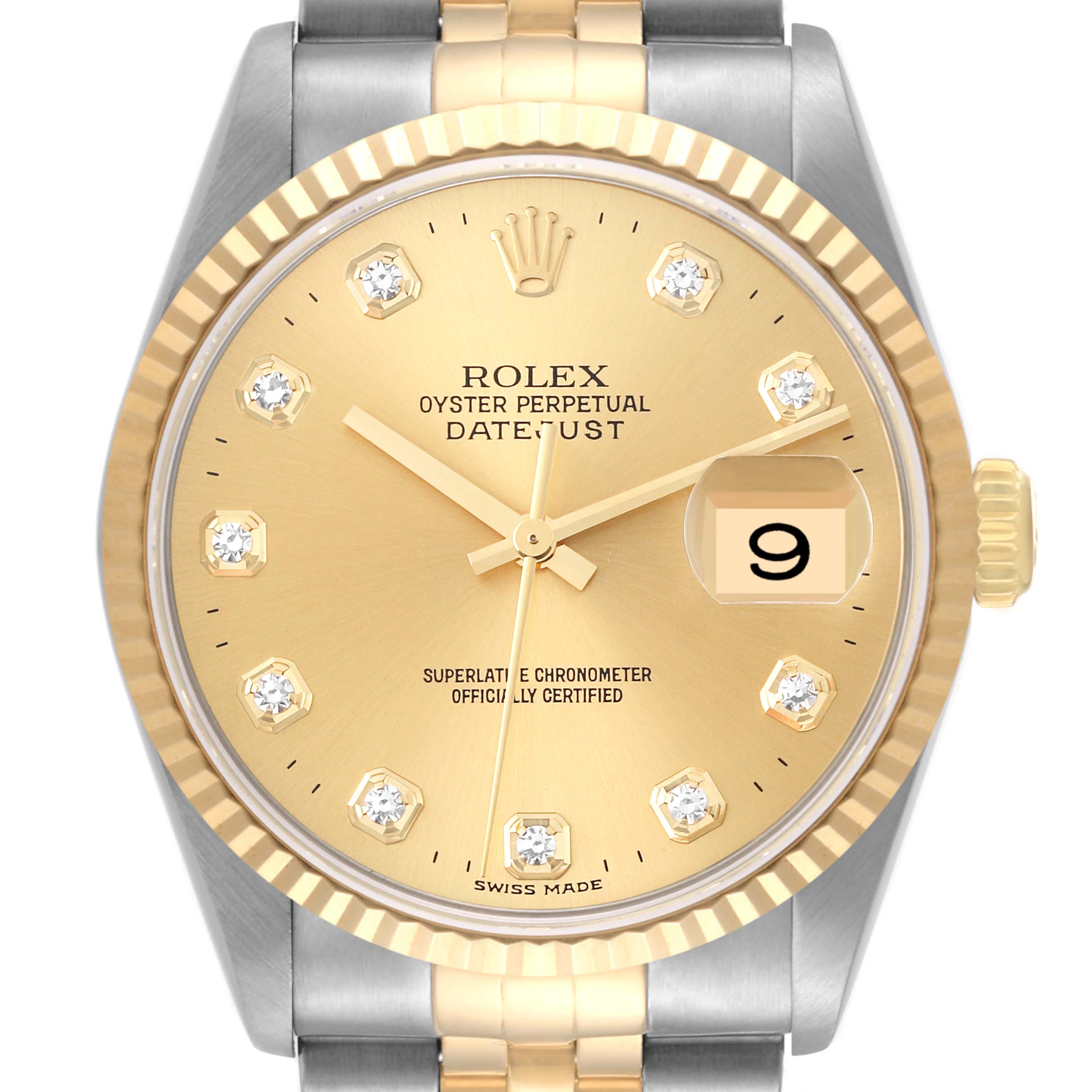 The image shows a frontal view of a Rolex Datejust 16233 Men's Steel and Gold (two tone) Champagne Dial 16233 Men's Steel and Gold (two tone) Champagne Dial watch, featuring a stainless steel and gold case, diamond hour markers, and date display.