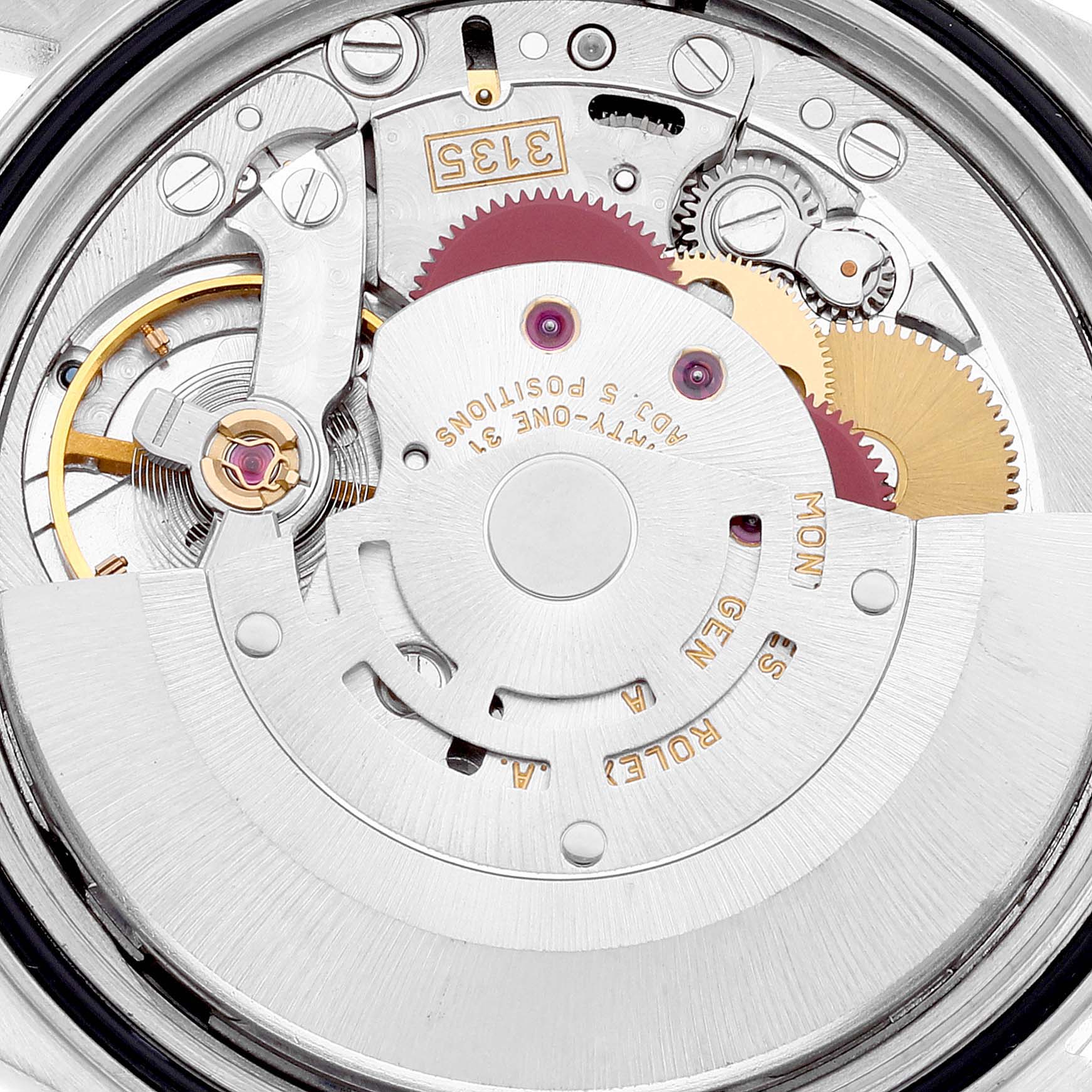 The image shows a close-up of the movement and internal mechanical parts of a Rolex Datejust 16233 Men's Steel and Gold (two tone) Champagne Dial 16233 Men's Steel and Gold (two tone) Champagne Dial watch.