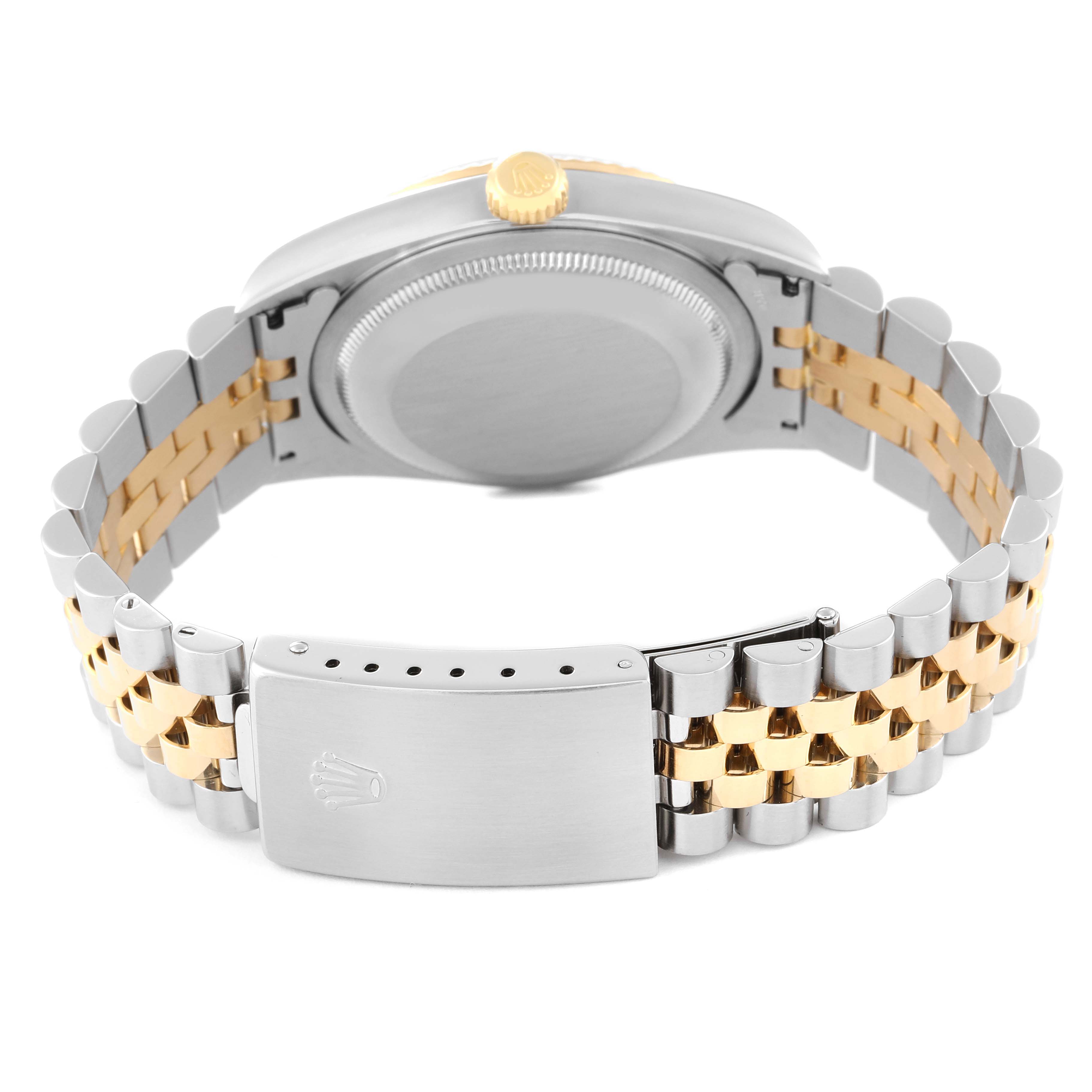The image shows the back view of a Rolex Datejust 16233 Men's Steel and Gold (two tone) Champagne Dial 16233 Men's Steel and Gold (two tone) Champagne Dial watch, highlighting its two-tone bracelet and clasp.