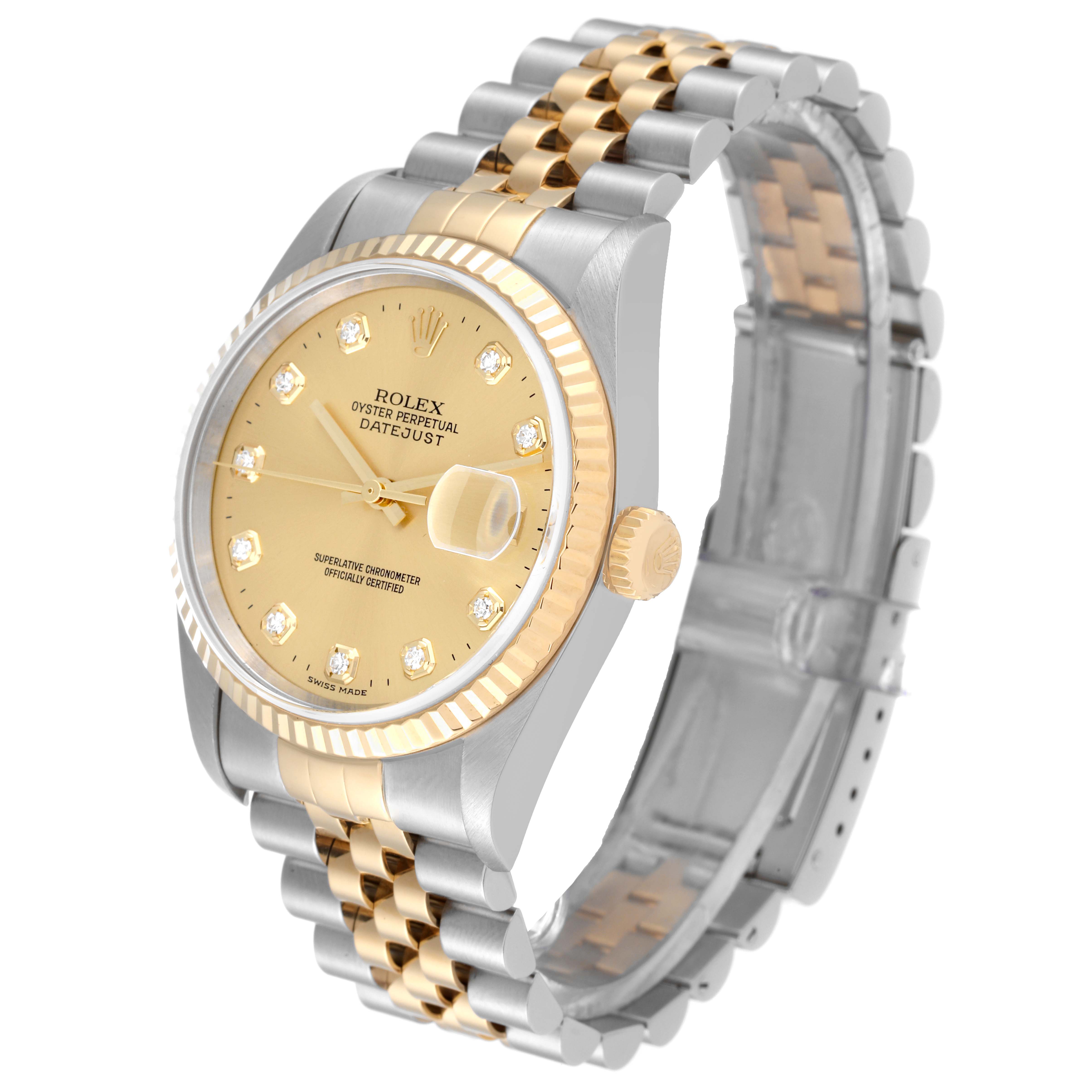 The image shows a side angle of a Rolex Datejust 16233 Men's Steel and Gold (two tone) Champagne Dial 16233 Men's Steel and Gold (two tone) Champagne Dial watch, displaying its face, bezel, crown, and bracelet.