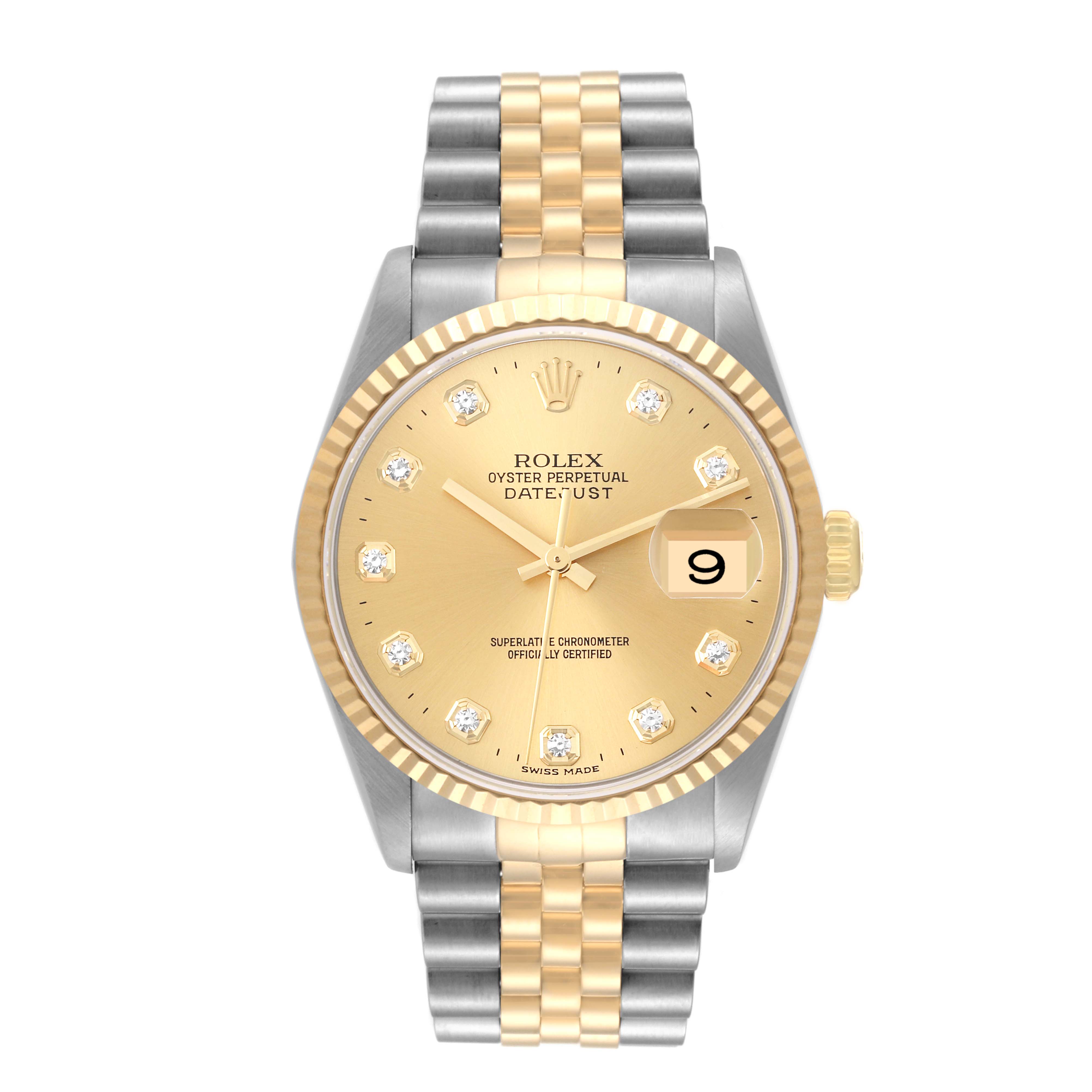 This is a front view of the Rolex Datejust 16233 Men's Steel and Gold (two tone) Champagne Dial 16233 Men's Steel and Gold (two tone) Champagne Dial watch, showing the face, bezel, crown, and two-tone bracelet.