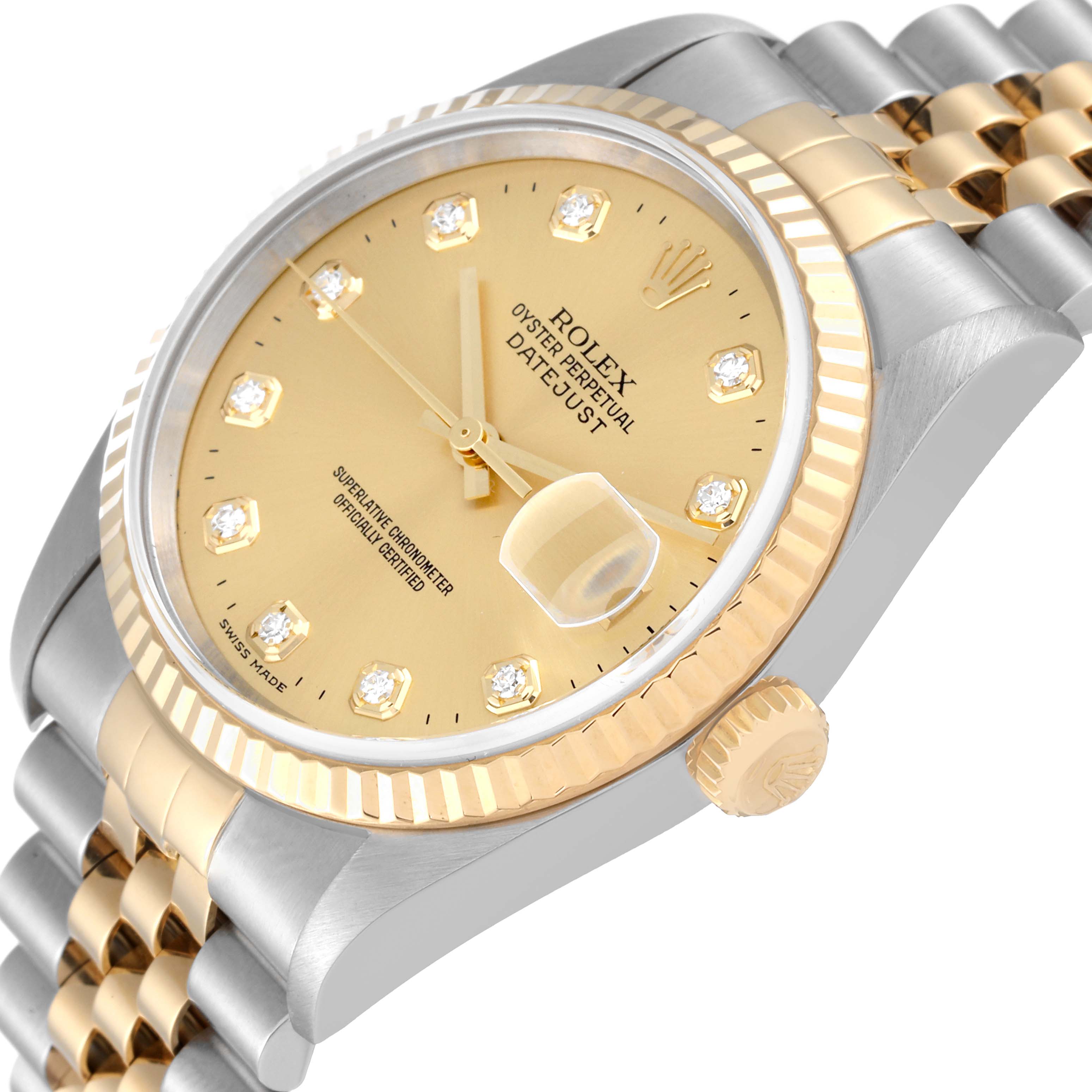 The image shows a close-up angle of the Rolex Datejust 16233 Men's Steel and Gold (two tone) Champagne Dial 16233 Men's Steel and Gold (two tone) Champagne Dial watch, highlighting its gold dial, diamond hour markers, and fluted bezel.
