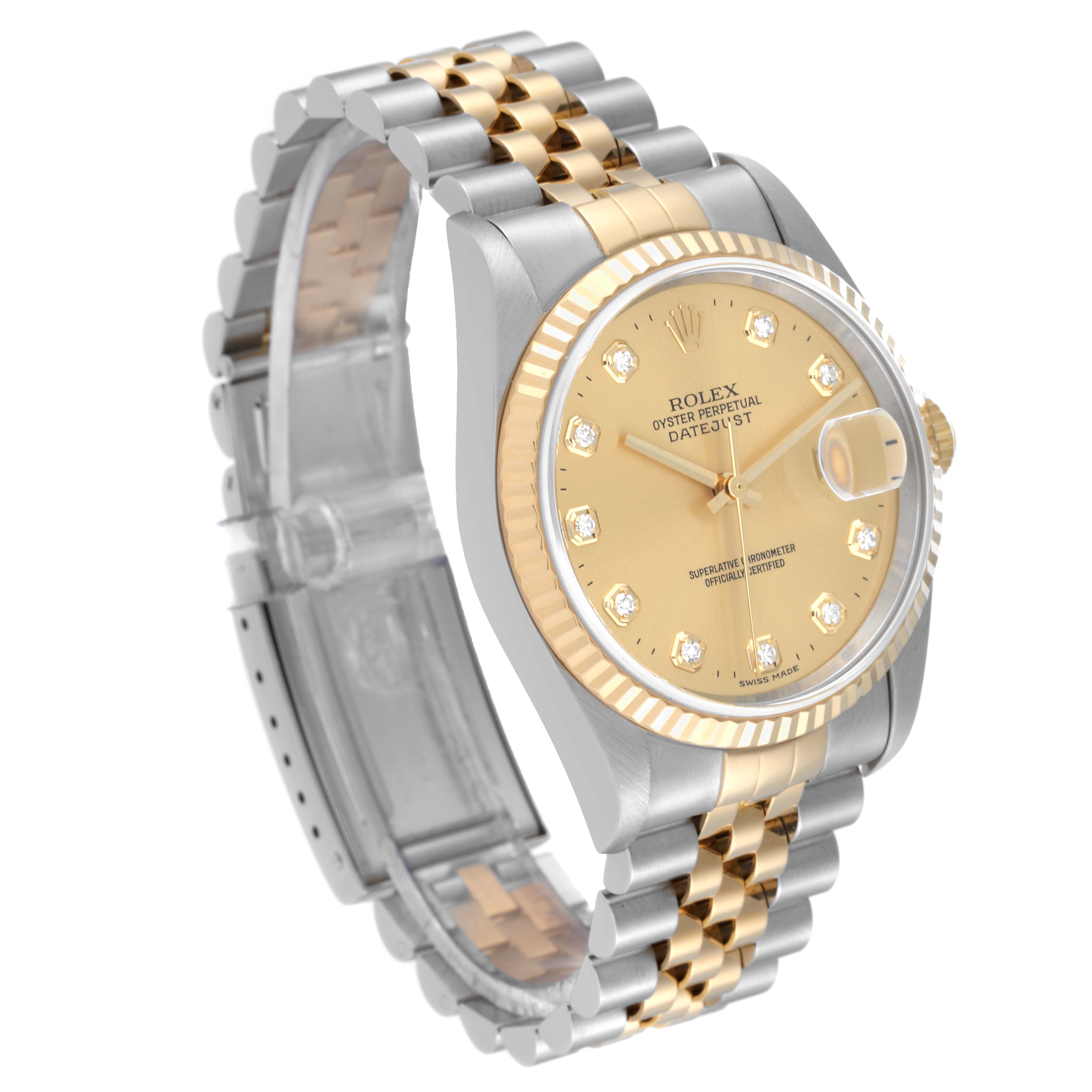 This image shows a Rolex Datejust 16233 Men's Steel and Gold (two tone) Champagne Dial 16233 Men's Steel and Gold (two tone) Champagne Dial watch at a three-quarter angle, highlighting its gold dial, diamond hour markers, and two-tone bracelet.