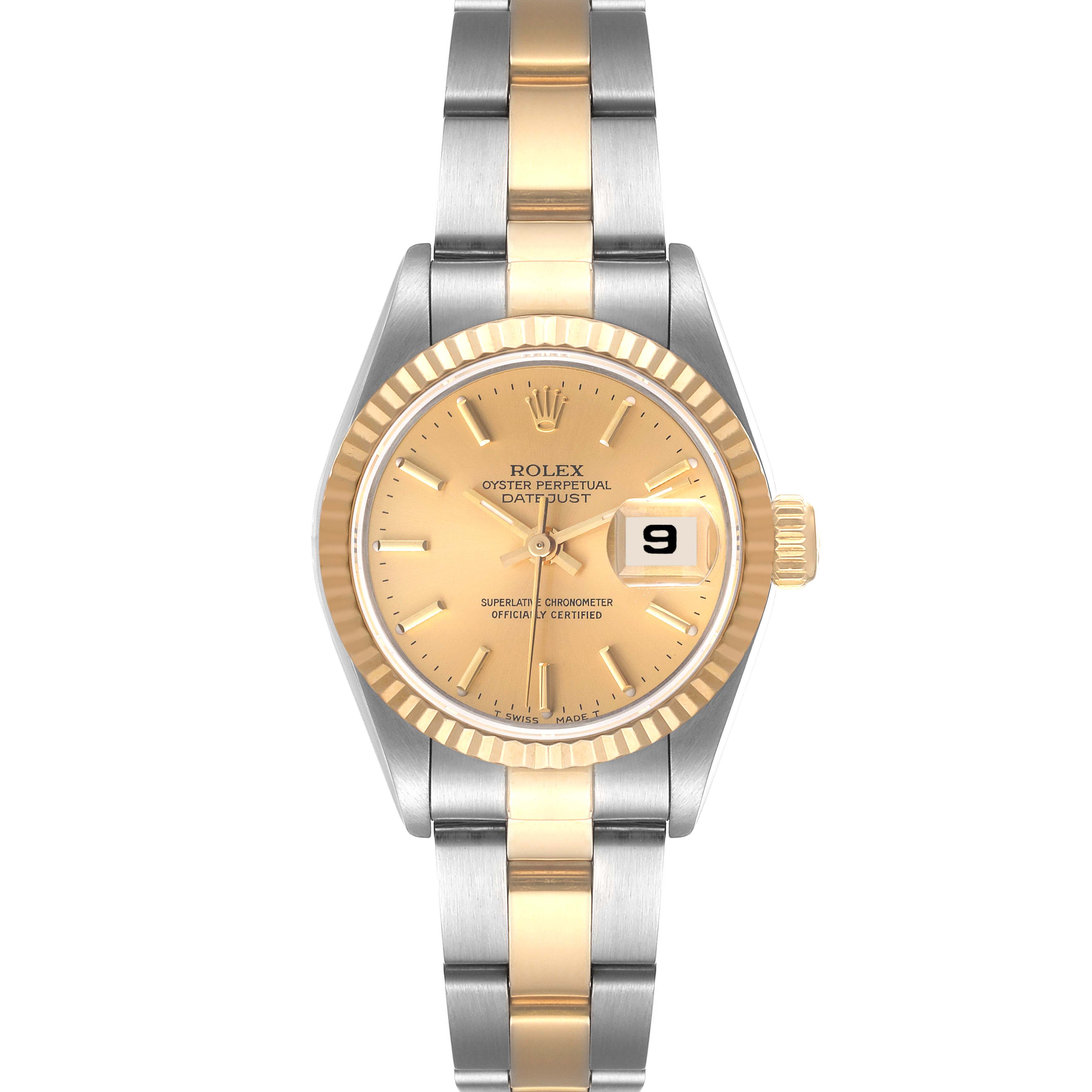 The image shows a front view of a Rolex Datejust 69173 Women's Steel and Gold (two tone) Champagne Dial 69173 Women's Steel and Gold (two tone) Champagne Dial watch with a gold dial and two-tone stainless steel and gold bracelet.