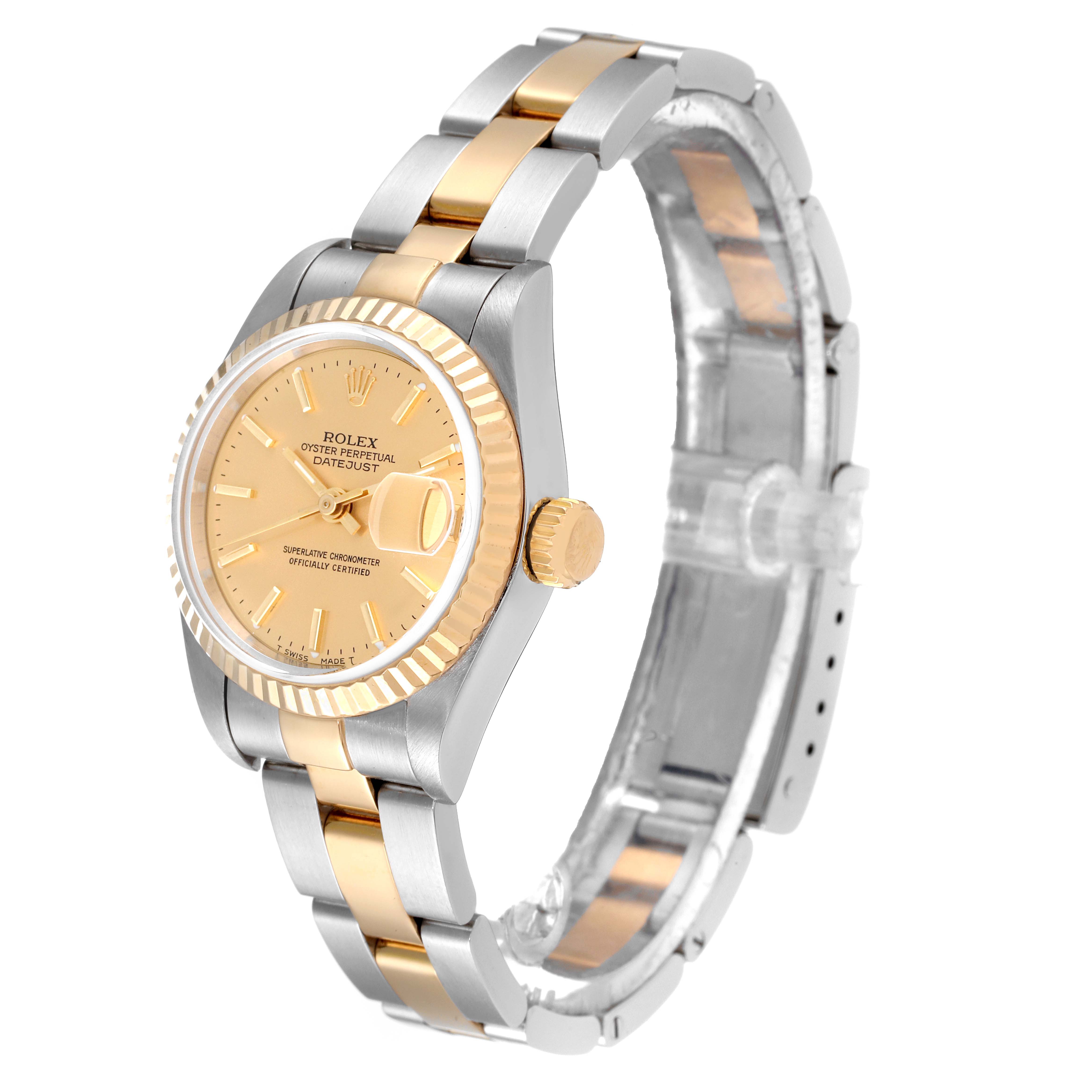 The Rolex Datejust 69173 Women's Steel and Gold (two tone) Champagne Dial 69173 Women's Steel and Gold (two tone) Champagne Dial watch is shown at a slight angle, highlighting its dial, bezel, crown, and bracelet.