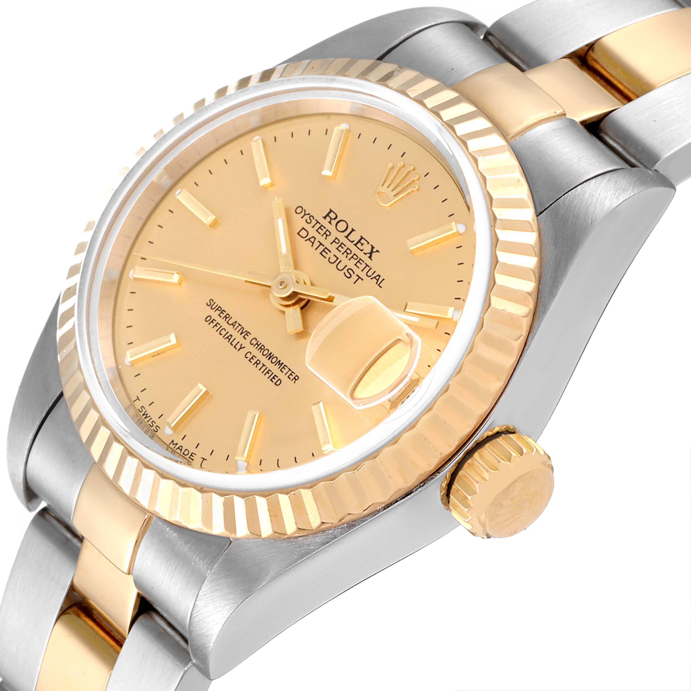 This image shows a close-up angled view of a Rolex Datejust 69173 Women's Steel and Gold (two tone) Champagne Dial 69173 Women's Steel and Gold (two tone) Champagne Dial, highlighting its dial, bezel, crown, and part of the bracelet.