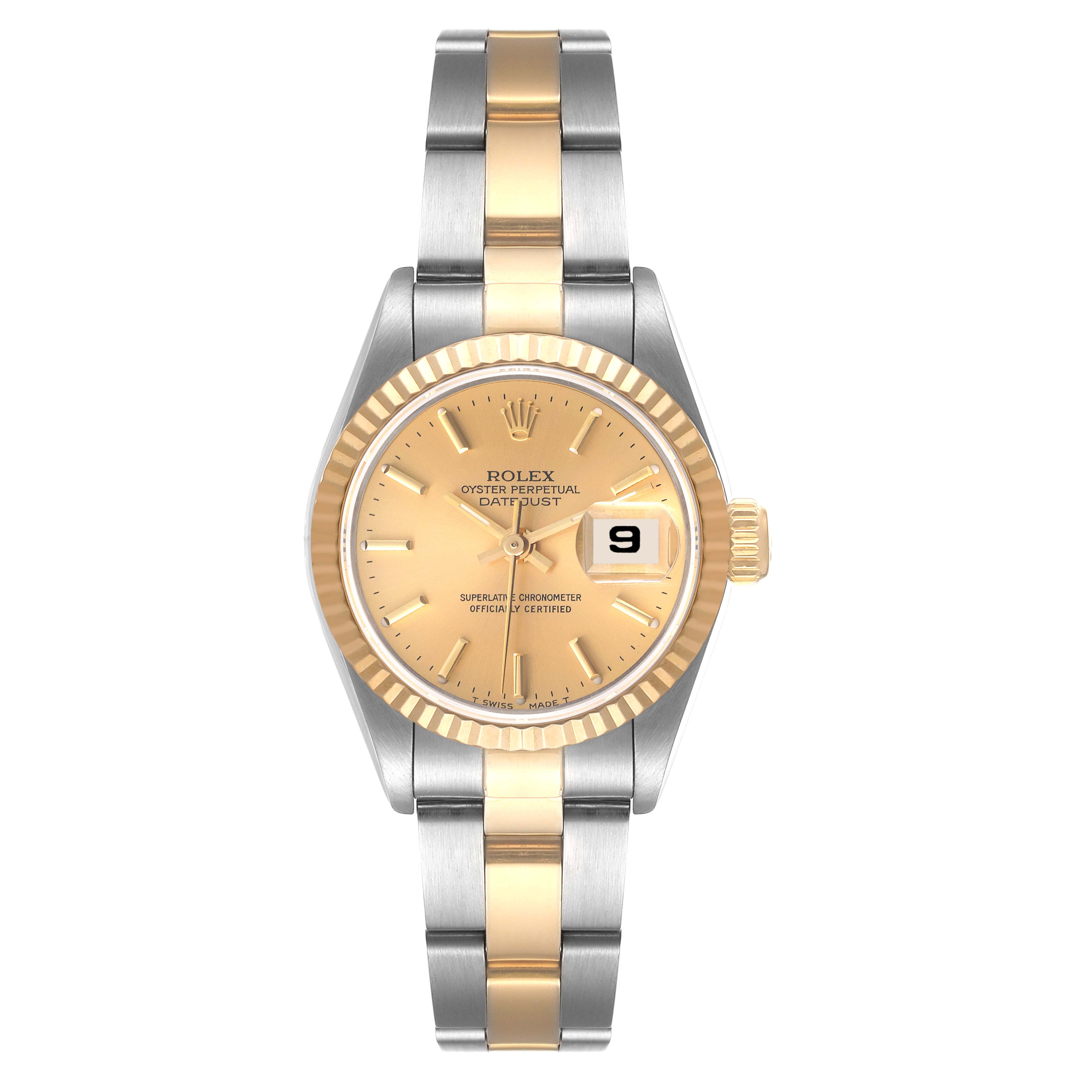 This image shows a front view of a Rolex Datejust 69173 Women's Steel and Gold (two tone) Champagne Dial 69173 Women's Steel and Gold (two tone) Champagne Dial watch, highlighting the dial, bezel, and bracelet.