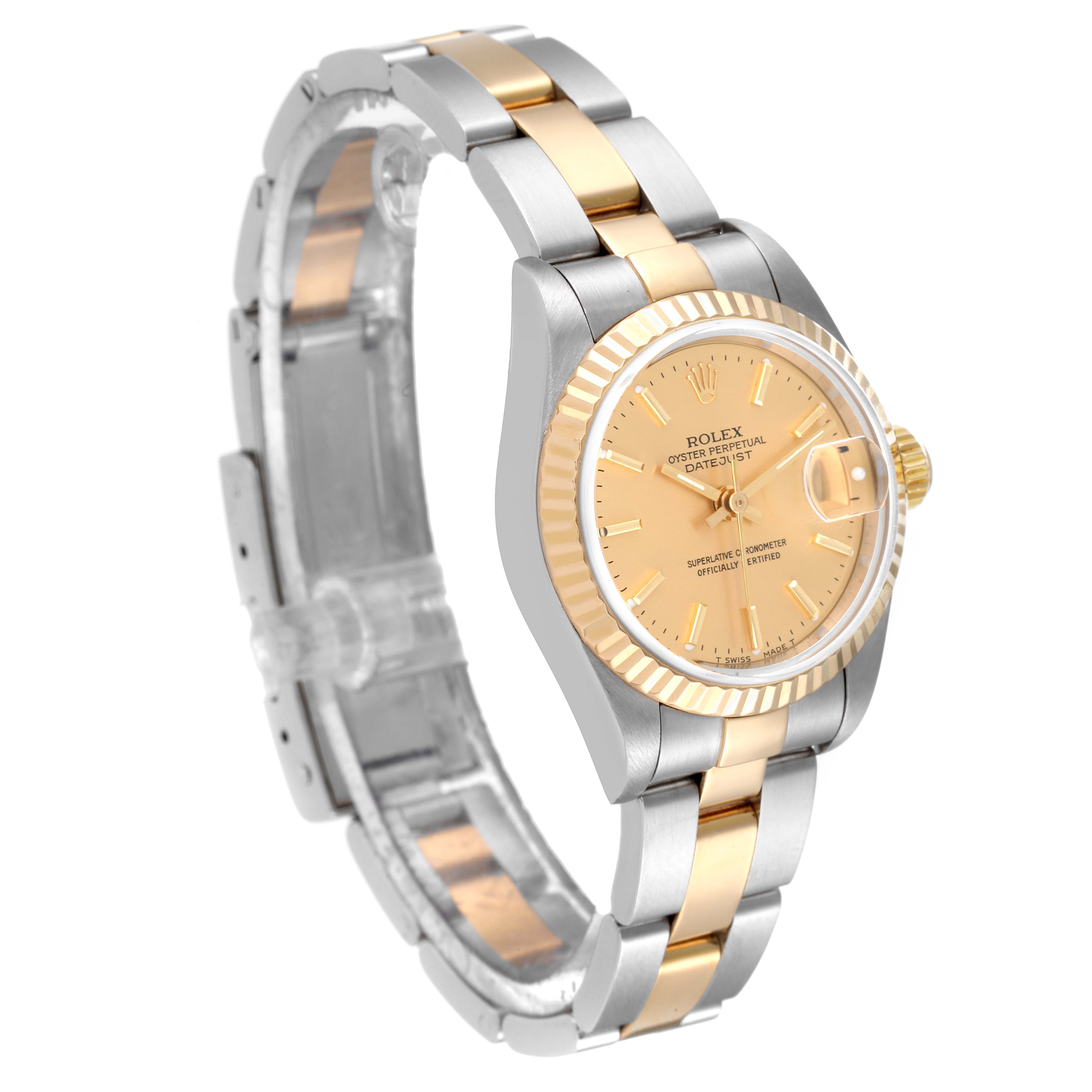 The Rolex Datejust 69173 Women's Steel and Gold (two tone) Champagne Dial 69173 Women's Steel and Gold (two tone) Champagne Dial watch is shown at an angle, displaying its face, bracelet, and clasp.