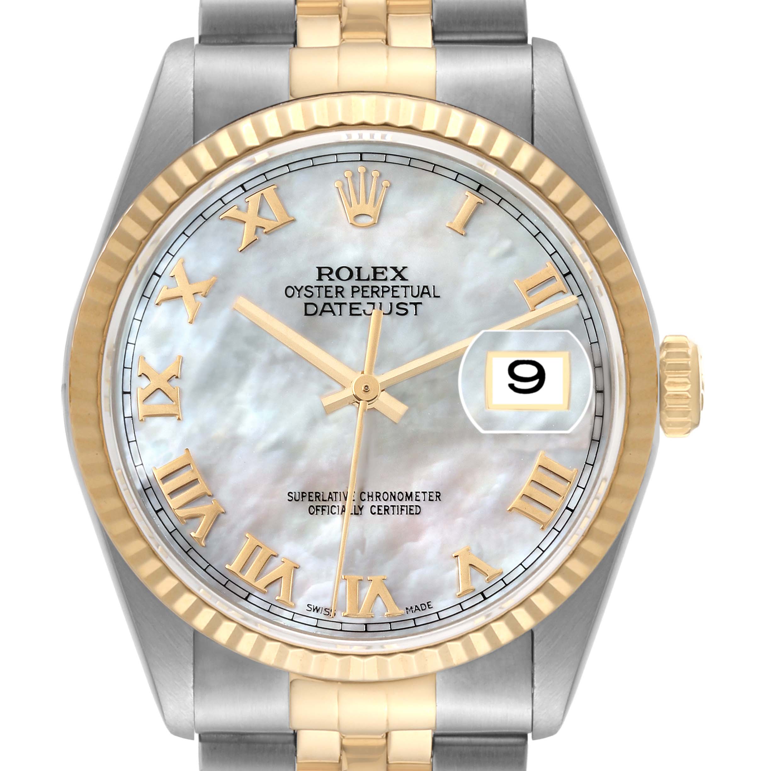 This image shows the front view of a Rolex Datejust 16233 Men's Steel and Gold (two tone) Mother of Pearl Dial 16233 Men's Steel and Gold (two tone) Mother of Pearl Dial watch featuring a mother-of-pearl dial, fluted bezel, and Jubilee bracelet.