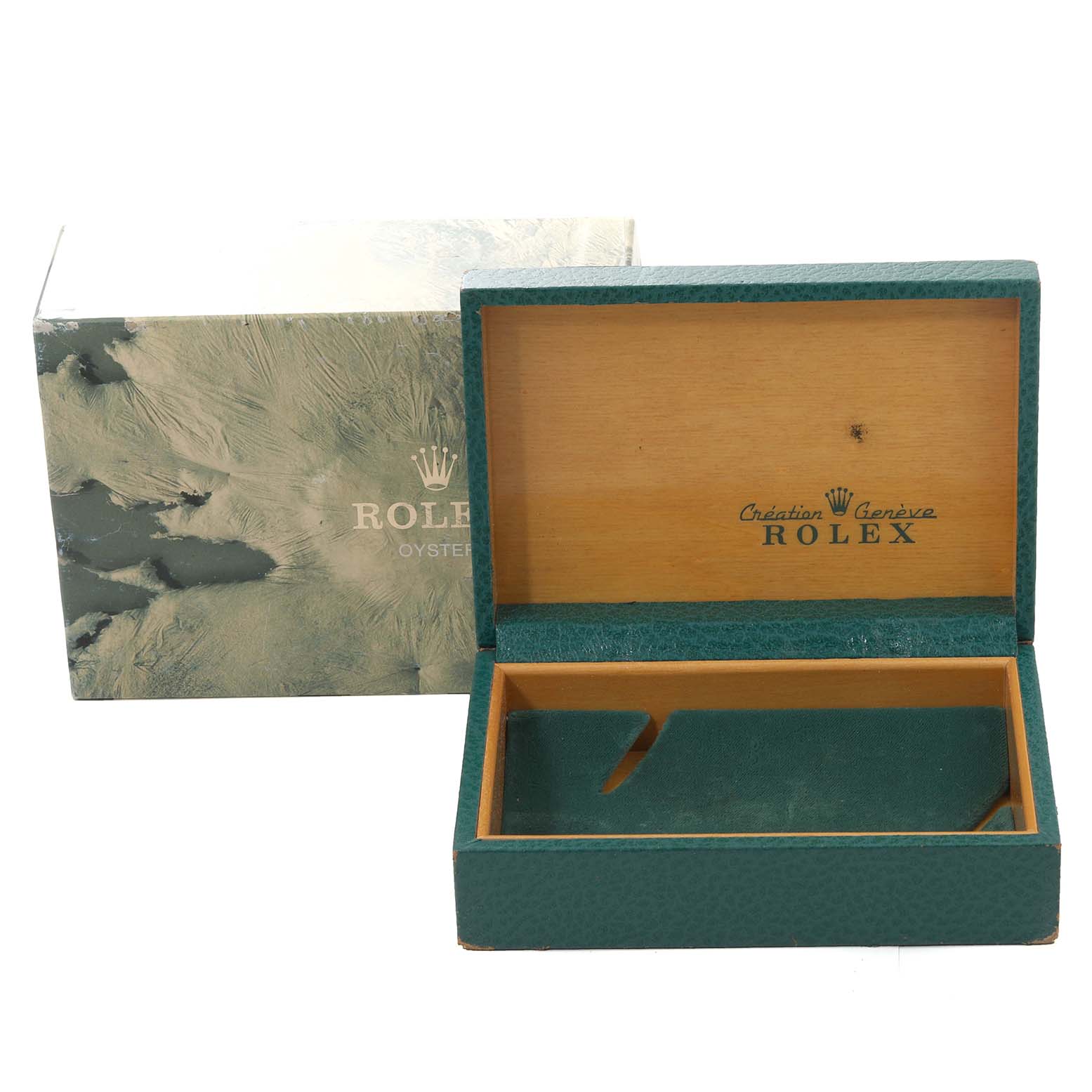 The image shows an open green and wood Rolex Datejust 16233 Men's Steel and Gold (two tone) Mother of Pearl Dial 16233 Men's Steel and Gold (two tone) Mother of Pearl Dial watch box with its outer packaging visible.