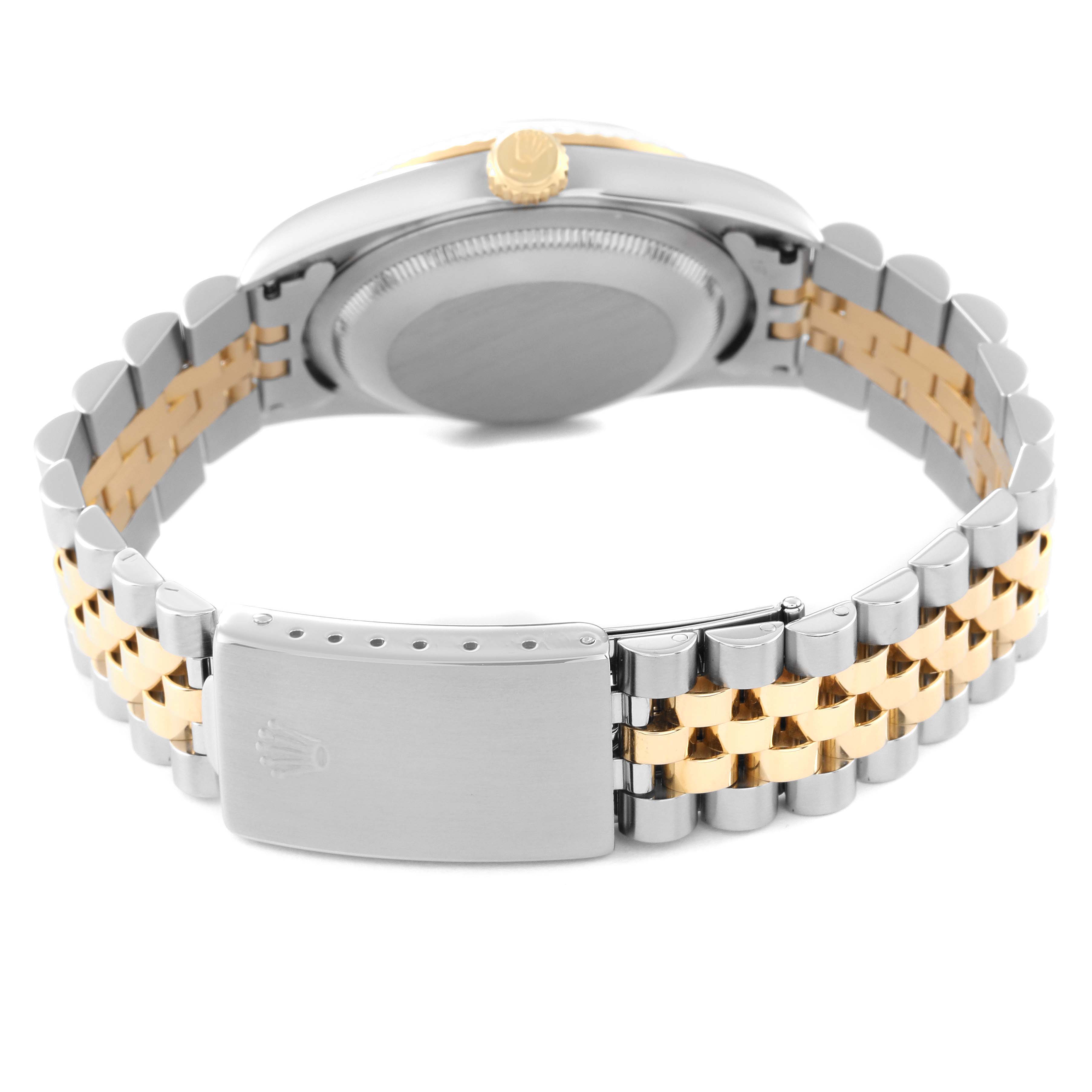 The image shows the back of a Rolex Datejust 16233 Men's Steel and Gold (two tone) Mother of Pearl Dial 16233 Men's Steel and Gold (two tone) Mother of Pearl Dial watch, highlighting its two-tone jubilee bracelet and clasp.