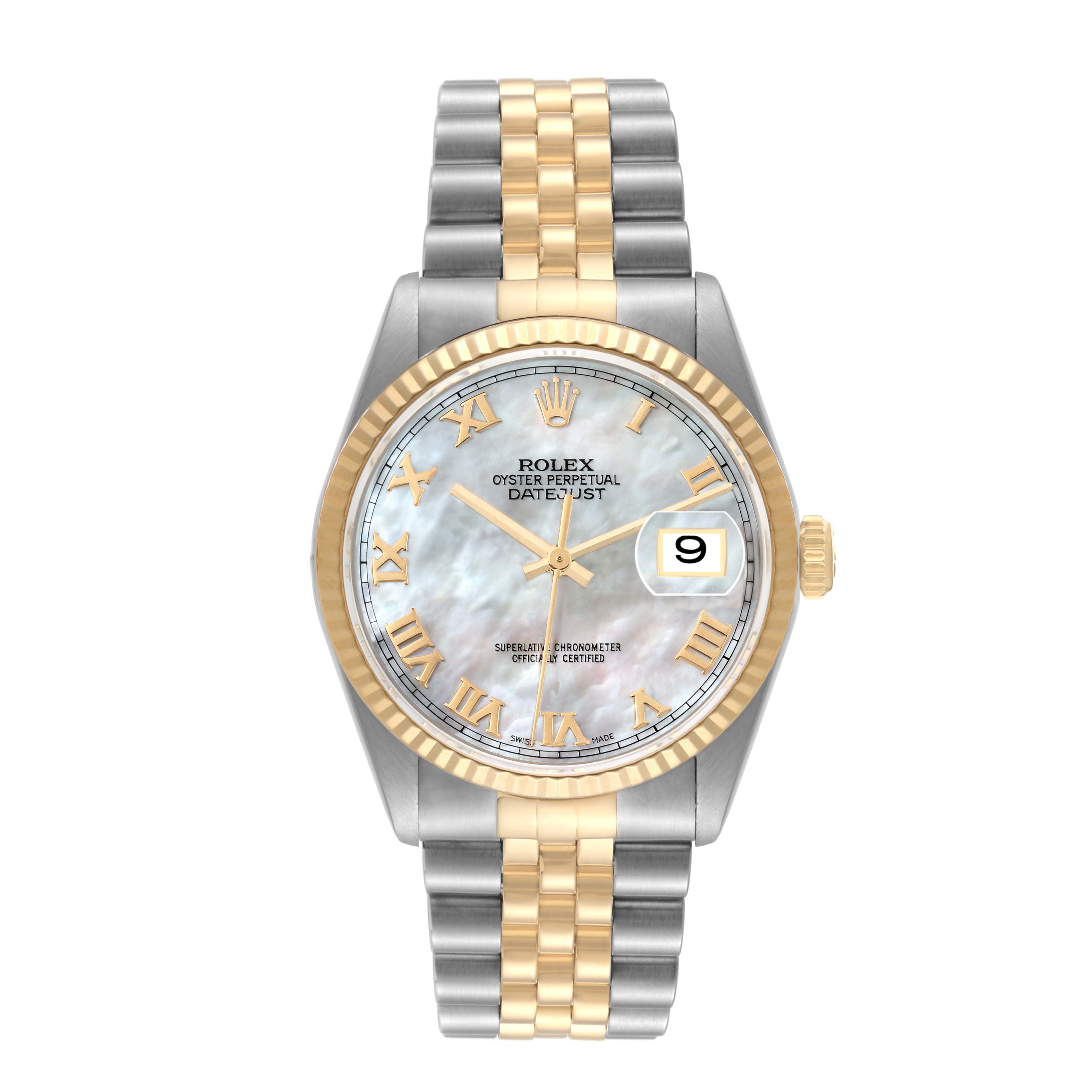The image shows a front view of a Rolex Datejust 16233 Men's Steel and Gold (two tone) Mother of Pearl Dial 16233 Men's Steel and Gold (two tone) Mother of Pearl Dial watch, highlighting the face, bezel, and two-tone bracelet.