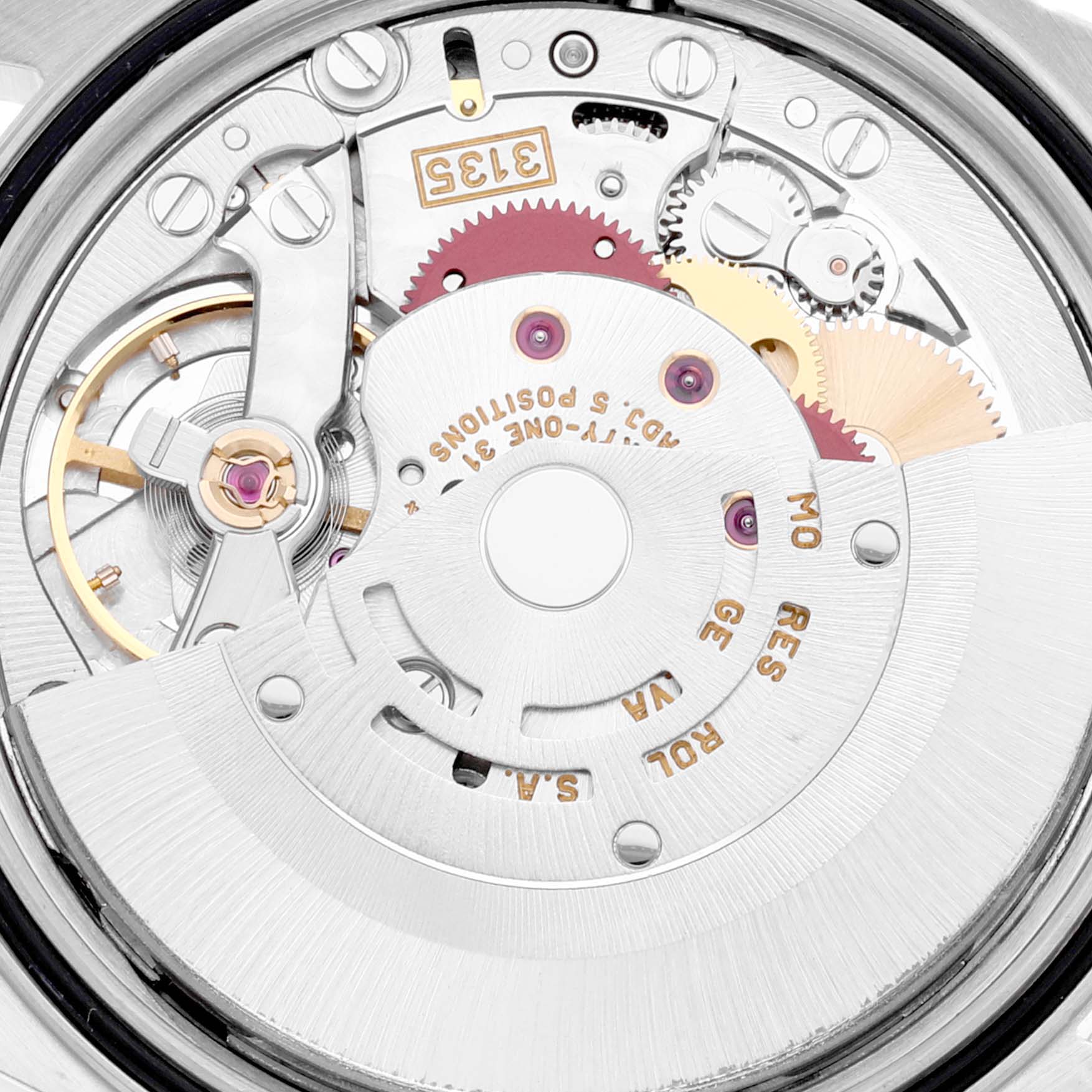 The image shows a close-up view of the movement mechanism inside a Rolex Datejust 16233 Men's Steel and Gold (two tone) Mother of Pearl Dial 16233 Men's Steel and Gold (two tone) Mother of Pearl Dial watch, featuring its intricate internal components.