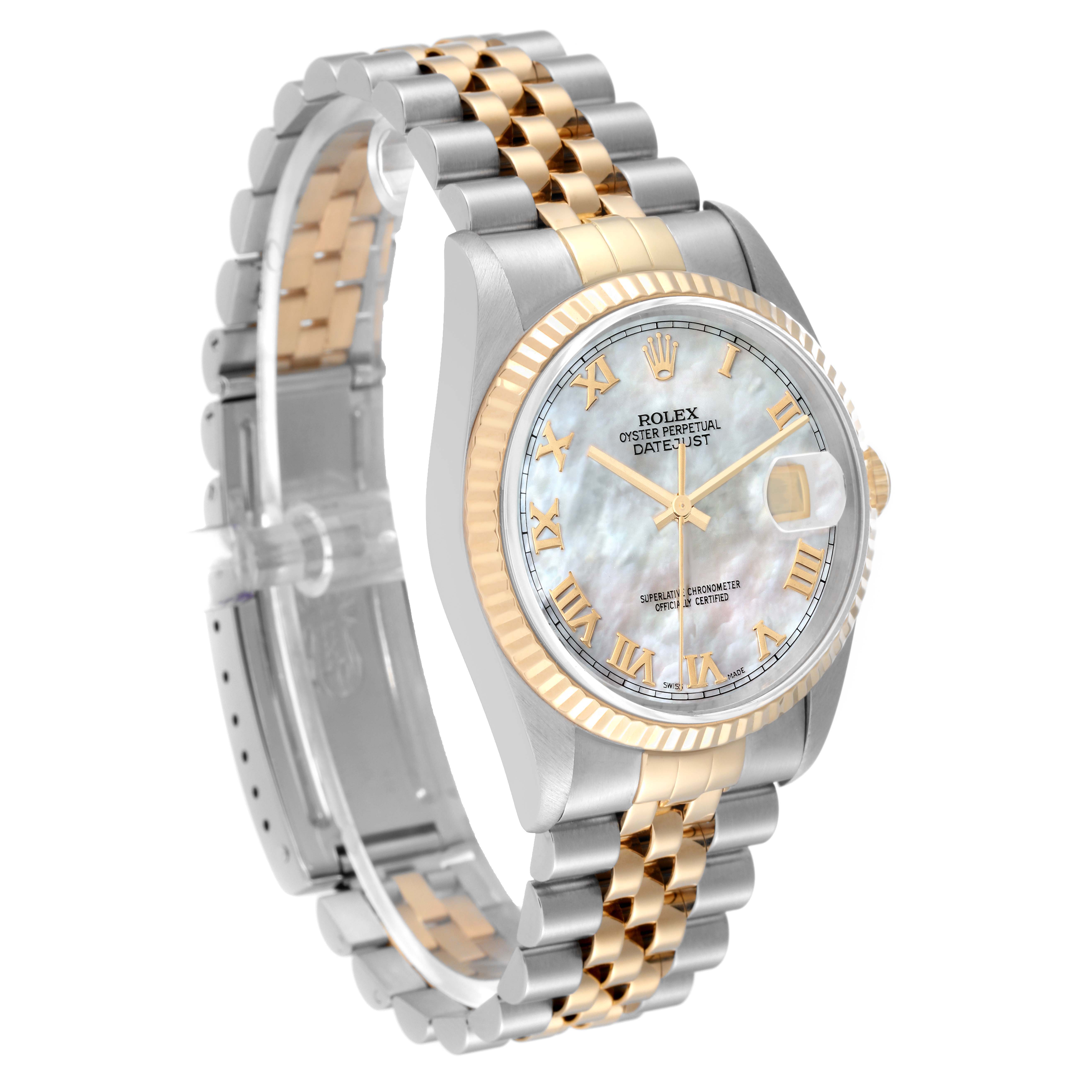 This image shows a Rolex Datejust 16233 Men's Steel and Gold (two tone) Mother of Pearl Dial 16233 Men's Steel and Gold (two tone) Mother of Pearl Dial watch at a three-quarter angle, highlighting its face, fluted bezel, and Jubilee bracelet.