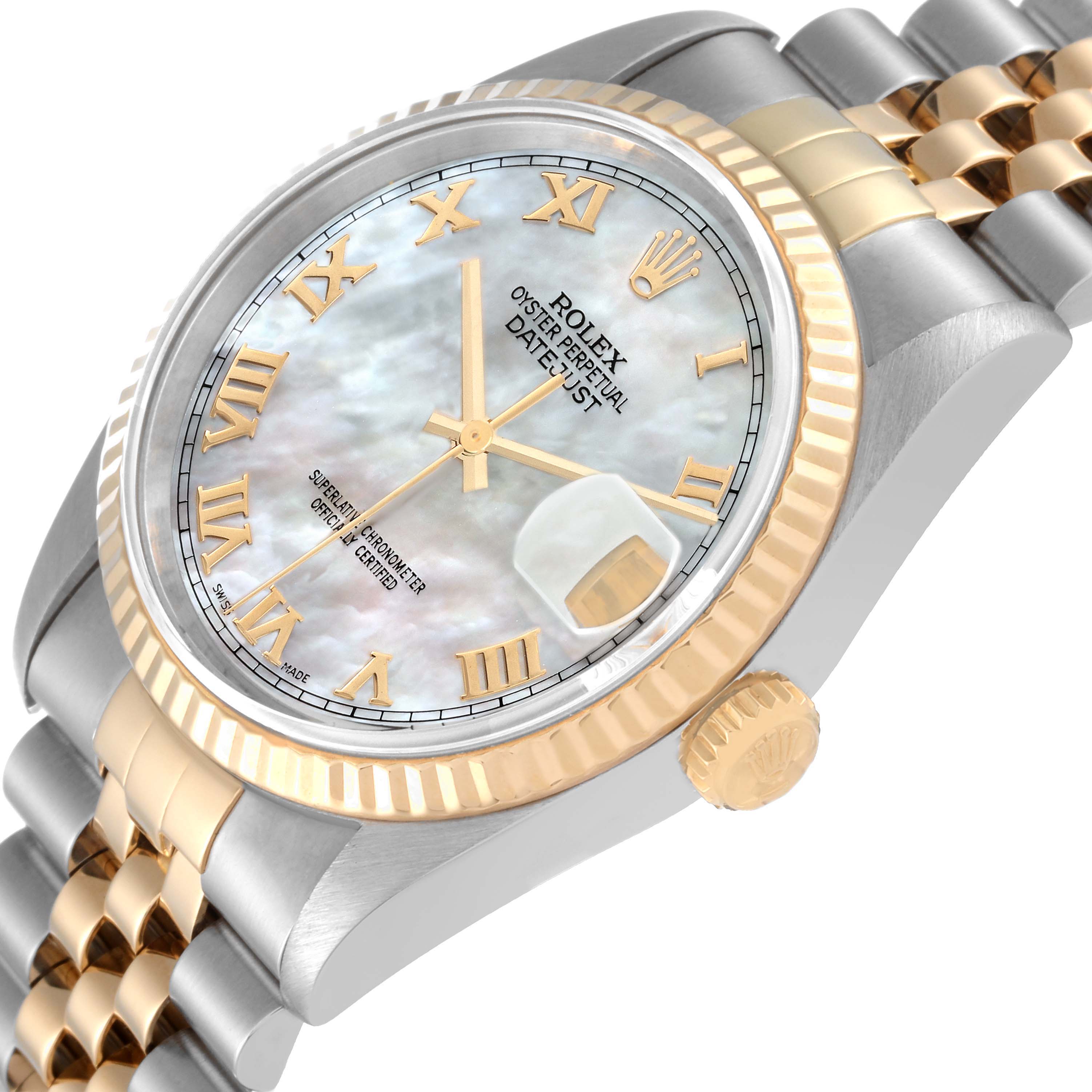 The Rolex Datejust 16233 Men's Steel and Gold (two tone) Mother of Pearl Dial 16233 Men's Steel and Gold (two tone) Mother of Pearl Dial watch is shown at an oblique angle, highlighting the dial, bezel, crown, and bracelet.
