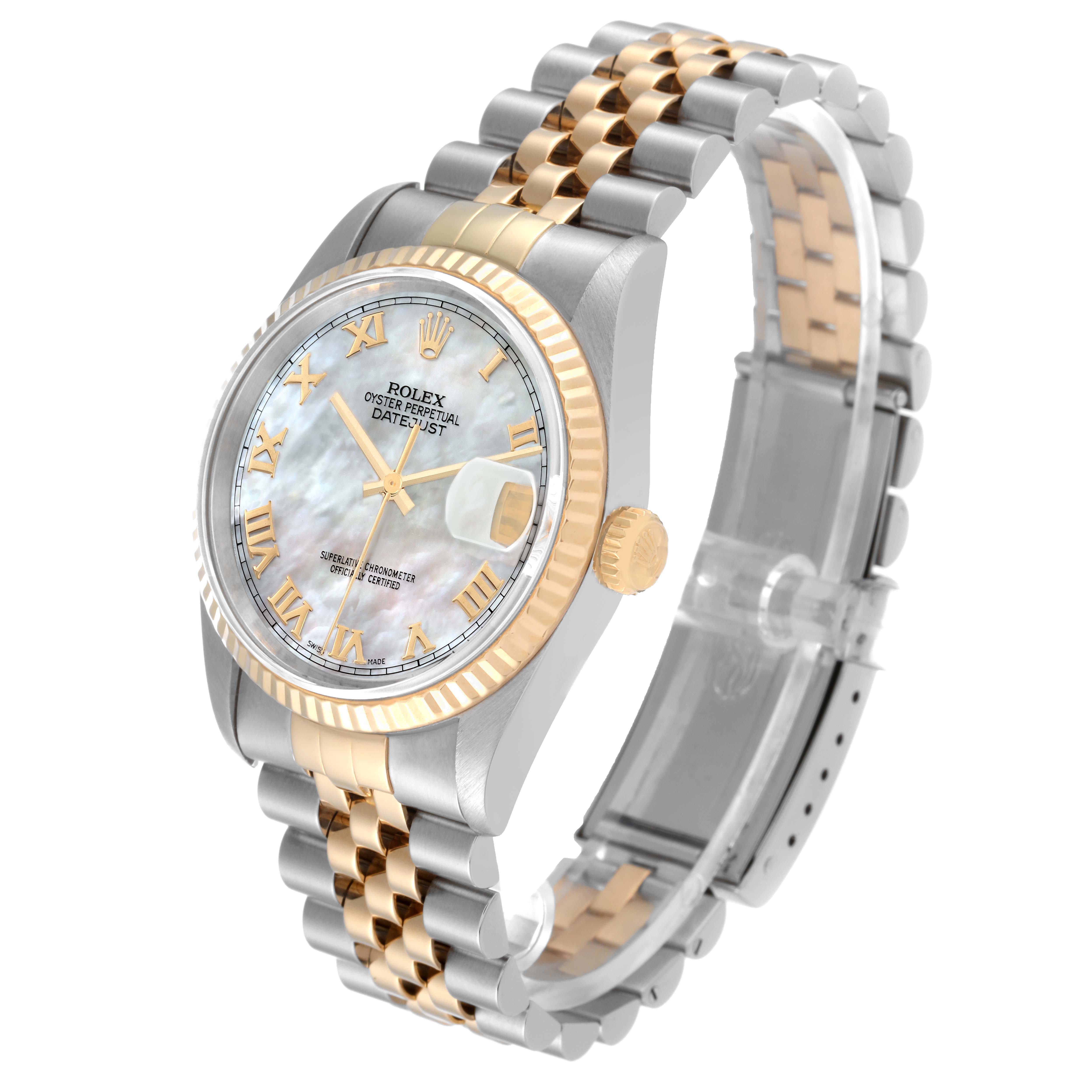 This image shows a Rolex Datejust 16233 Men's Steel and Gold (two tone) Mother of Pearl Dial 16233 Men's Steel and Gold (two tone) Mother of Pearl Dial watch from a three-quarter angle, highlighting its face, bezel, and bracelet.