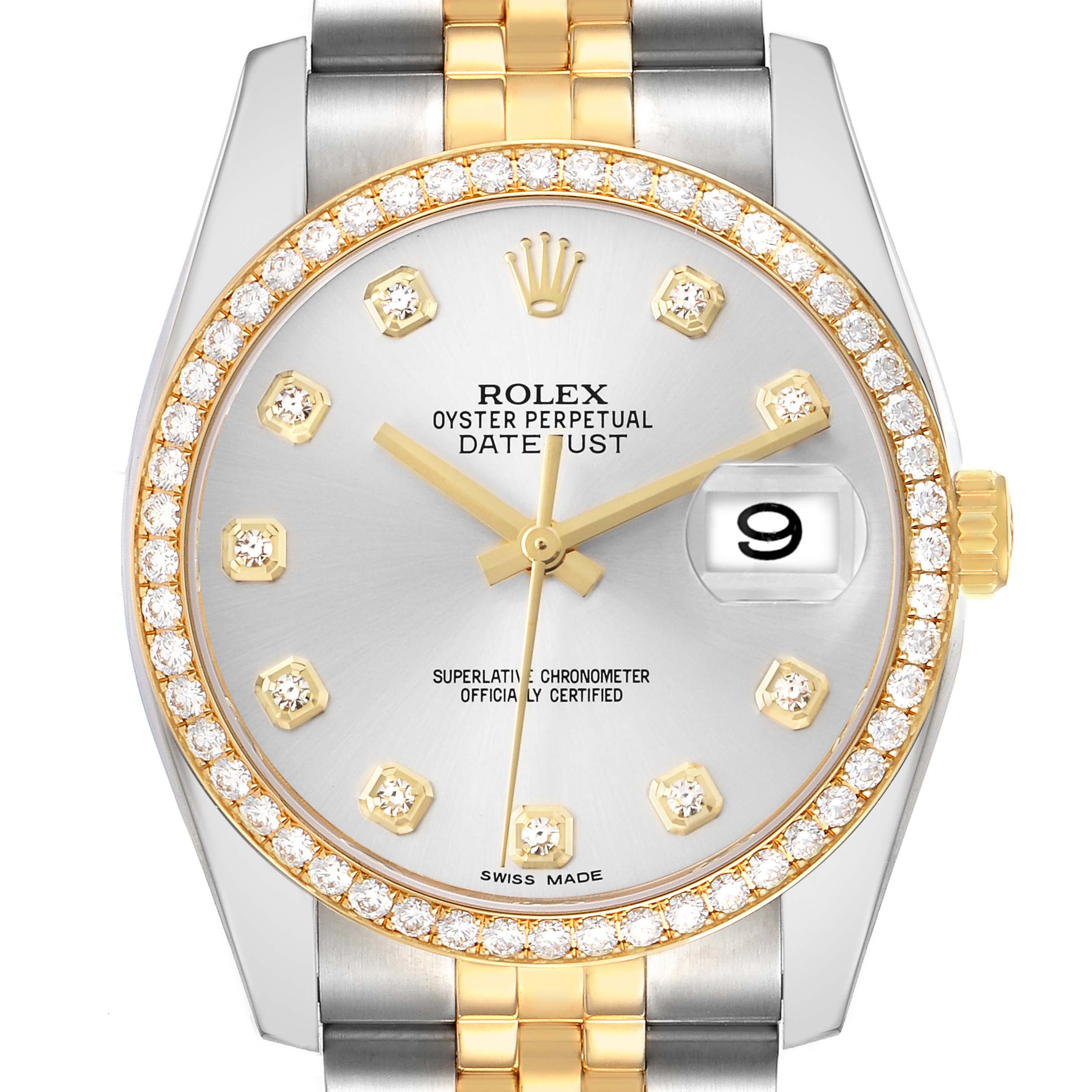The image shows a front view of a Rolex Datejust 116243 Men
s Steel and Gold (two tone) Silver Dial watch, highlighting its diamond bezel, dial, and part of the bracelet.