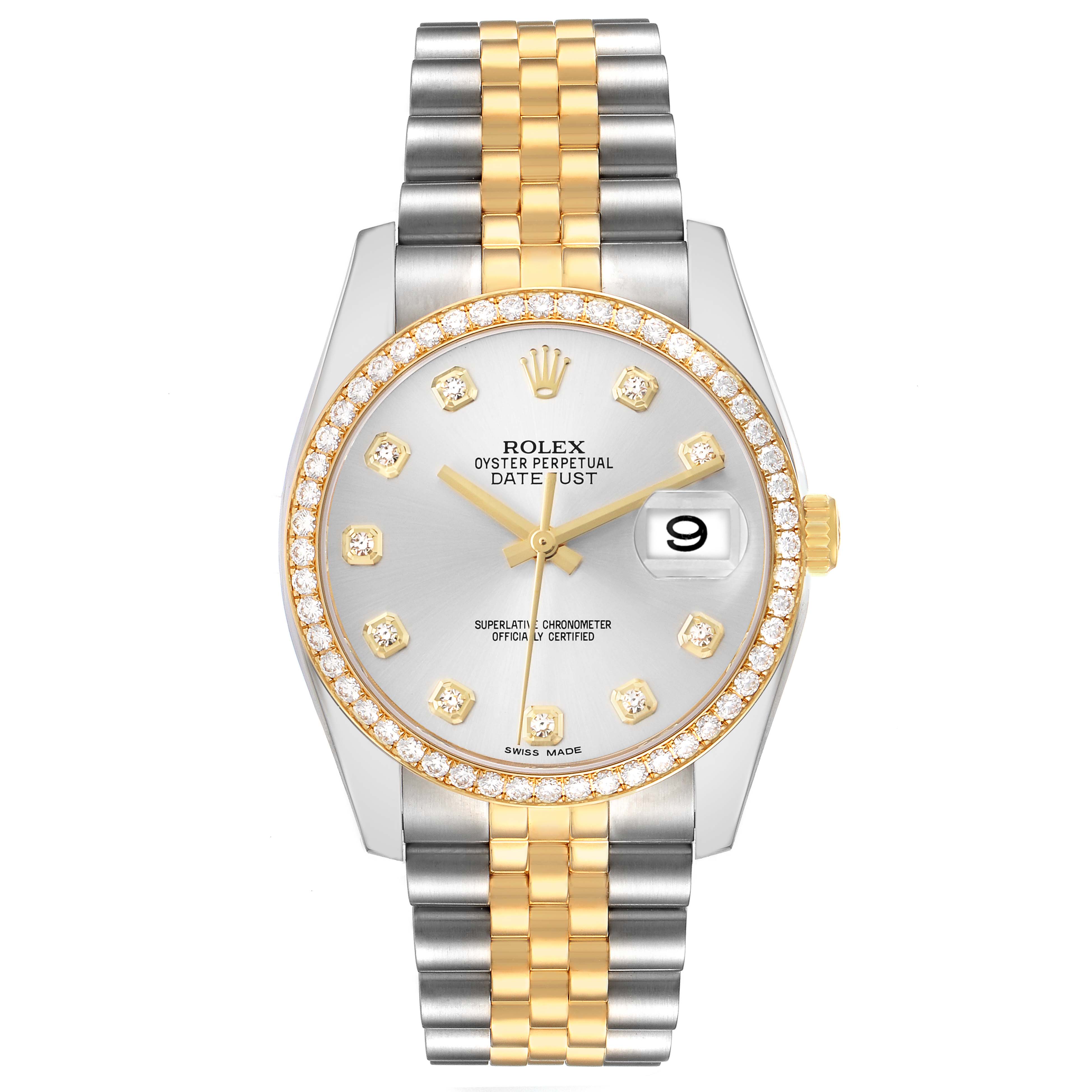 The image shows a front view of a Rolex Datejust 116243 Men
s Steel and Gold (two tone) Silver Dial watch, showcasing the face, bezel, and two-tone bracelet.