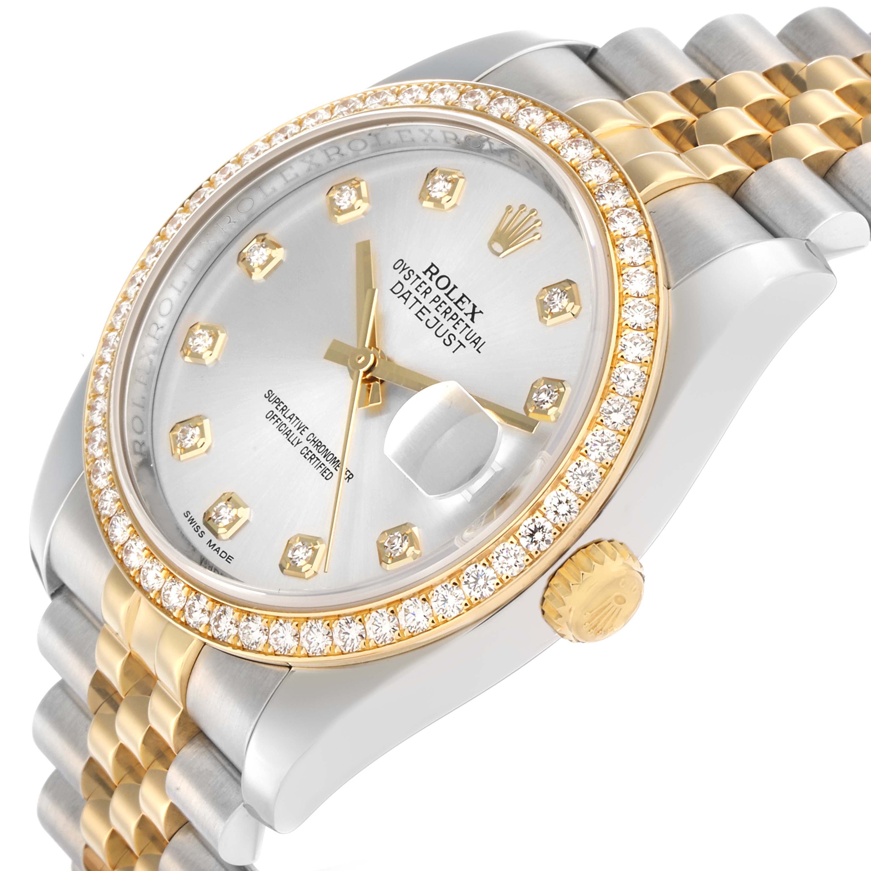 The Rolex Datejust 116243 Men
s Steel and Gold (two tone) Silver Dial watch is shown at an oblique angle, highlighting the diamond bezel, face, crown, and two-tone bracelet.