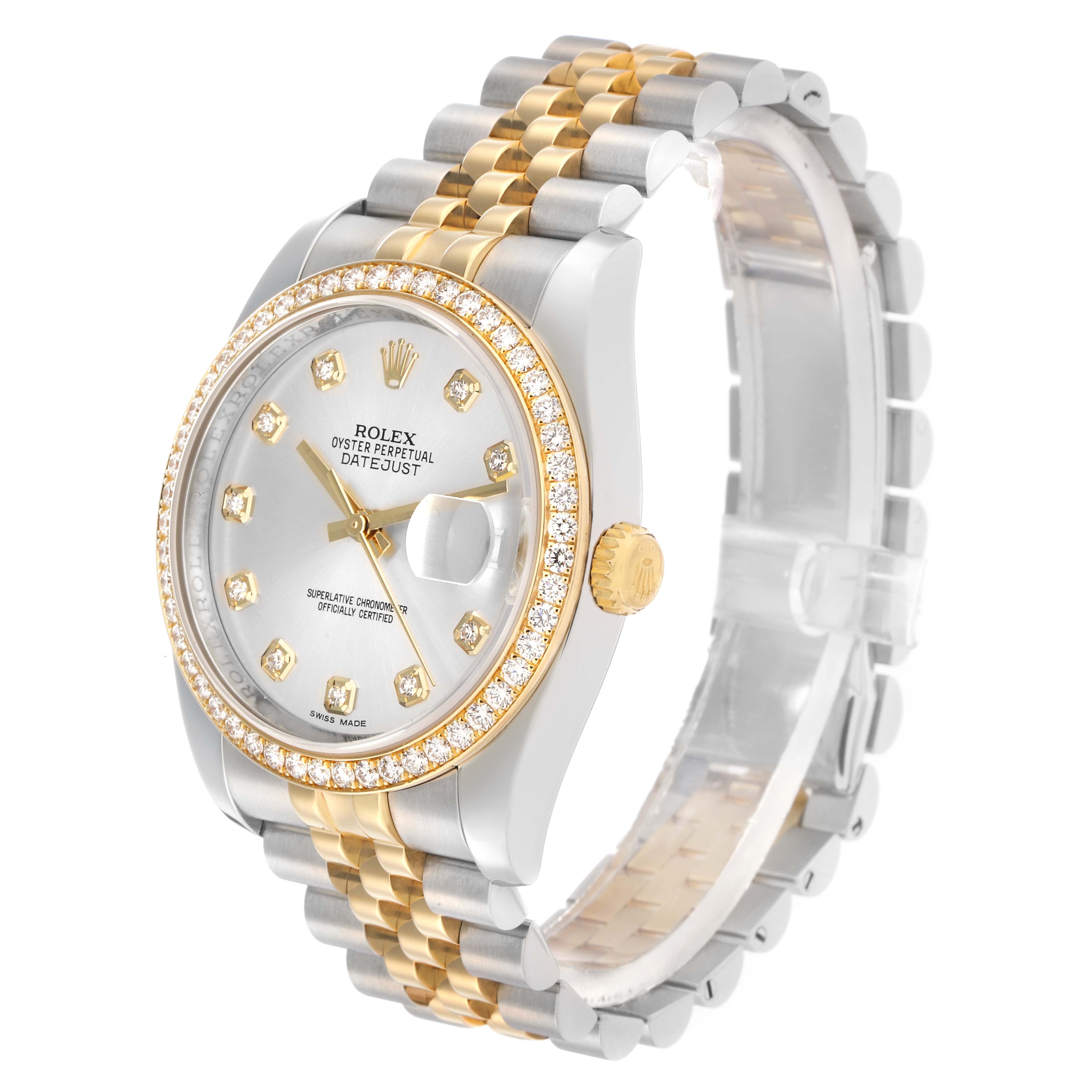 The Rolex Datejust 116243 Men
s Steel and Gold (two tone) Silver Dial watch is shown at a three-quarter angle, highlighting the face, bezel, crown, and bracelet.